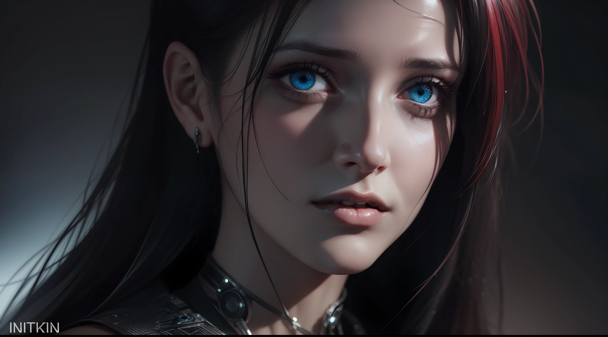 award-winning photo, dark, deep shadow, darkness, moonlight, extremely detailed, amazing, fine detail, woman (Eva Green) highly detailed, extremely detailed eyes and face, piercing blue eyes, detailed clothing, thin, cybernetic face and head implants, bangs, red hair, nikon d850 film stock photography 4 kodak portra 400 camera f1.6 lens rich colors hyper realistic texture dramatic lighting unrealengine trend in artstation cinestill 800 tungsten, ((cyberpunk)), (((front portrait photo)))