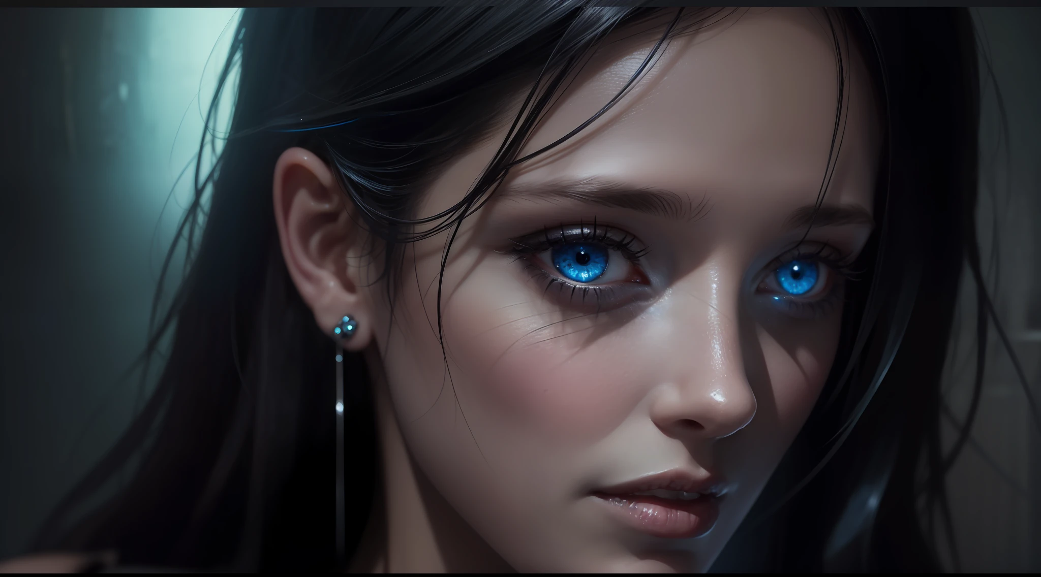 award-winning photo, dark, deep shadow, darkness, moonlight, extremely detailed, amazing, fine detail, woman (Eva Green) highly detailed, extremely detailed eyes and face, piercing blue eyes, detailed clothing, thin, cybernetic face and head implants, bangs, red hair, nikon d850 film stock photography 4 kodak portra 400 camera f1.6 lens rich colors hyper realistic texture dramatic lighting unrealengine trend in artstation cinestill 800 tungsten, ((cyberpunk)), (((front portrait photo)))