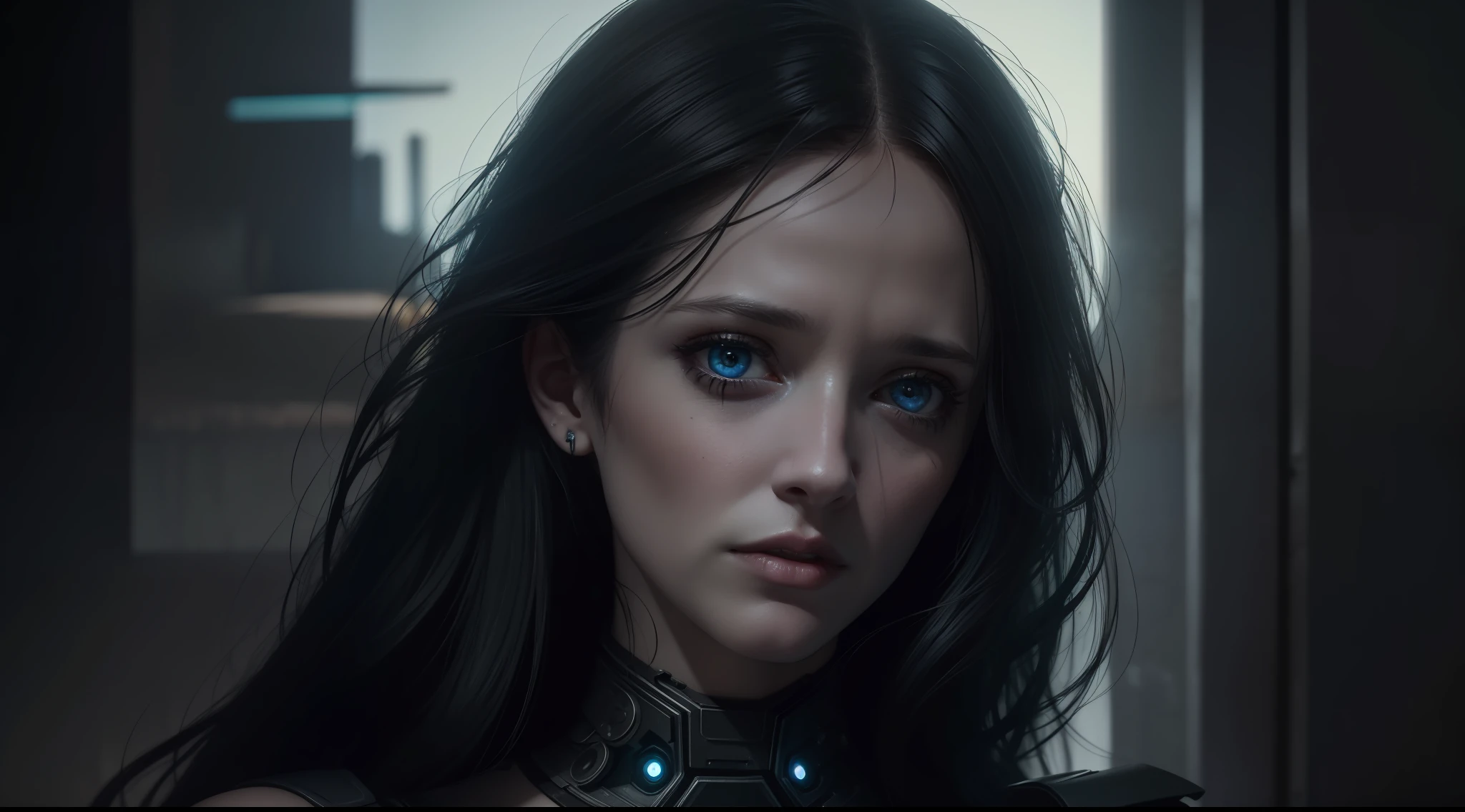 award-winning photo, dark, deep shadow, darkness, moonlight, extremely detailed, amazing, fine detail, woman (Eva Green) highly detailed, extremely detailed eyes and face, piercing blue eyes, detailed clothing, thin, cybernetic face and head implants, bangs, red hair, nikon d850 film stock photography 4 kodak portra 400 camera f1.6 lens rich colors hyper realistic texture dramatic lighting unrealengine trend in artstation cinestill 800 tungsten, ((cyberpunk)), (((front portrait photo)))