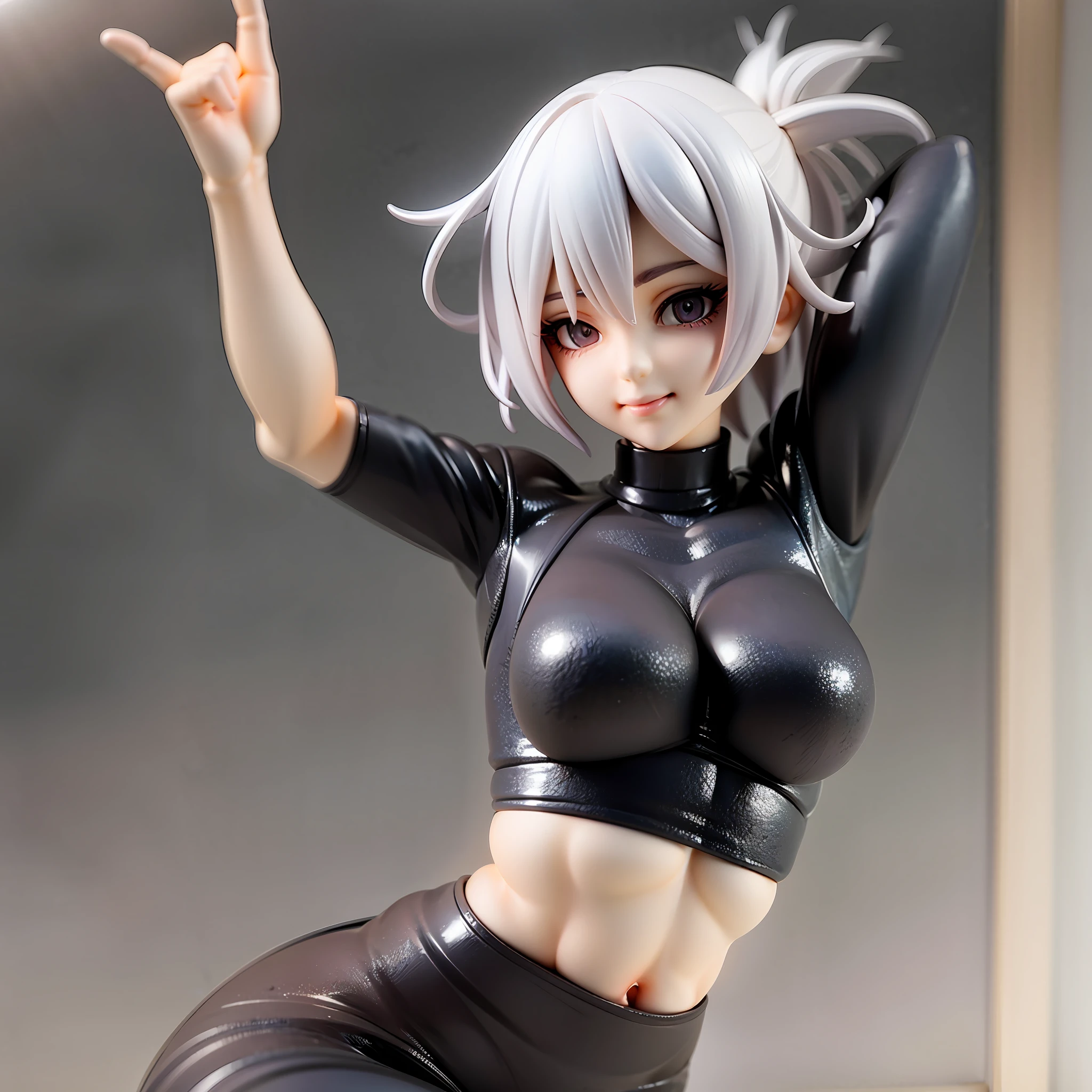 white hair, short cut,1girl,short pants, sneakers, beautiful eye, full body, dancing, looking away, black suit,[realistic], [3d], smile, closed mouth,(8k, RAW photo, best quality, masterpiece:1.2), ultra high res, photo realistic, professional lighting, detailed lighting, professional photography, high quality, high res, extremely detailed, bloom, depth of field, sketch, sharp focus, soft lighting, detailed, detailed skin, to8contrast style