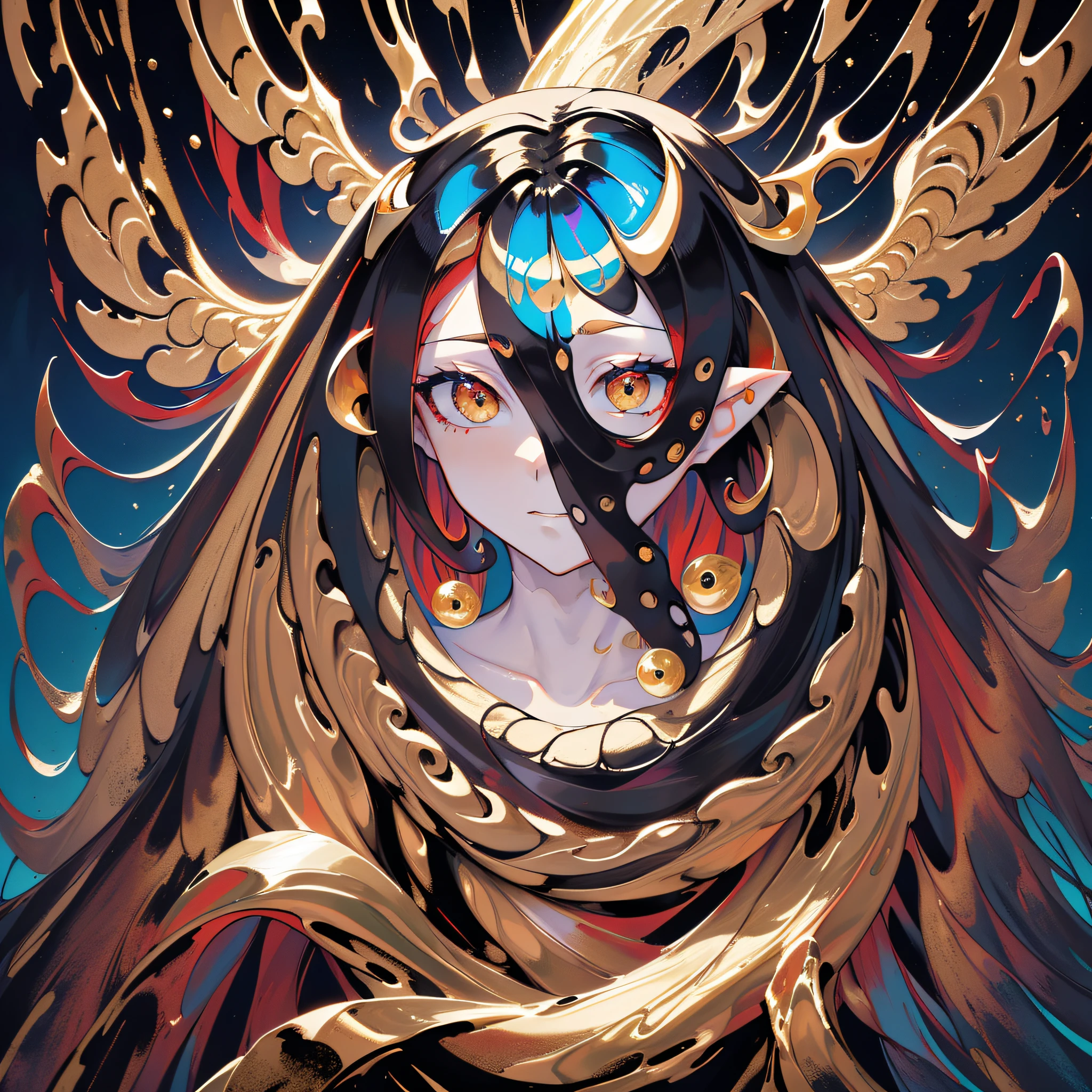 cephalopod, (cephalopod), black tentacles with gold markings, white blue gold and red egyption-style wings, full face white mask, large curved black and gold horns, a large red oval held by the tenacles, masterpiece, Best Quality