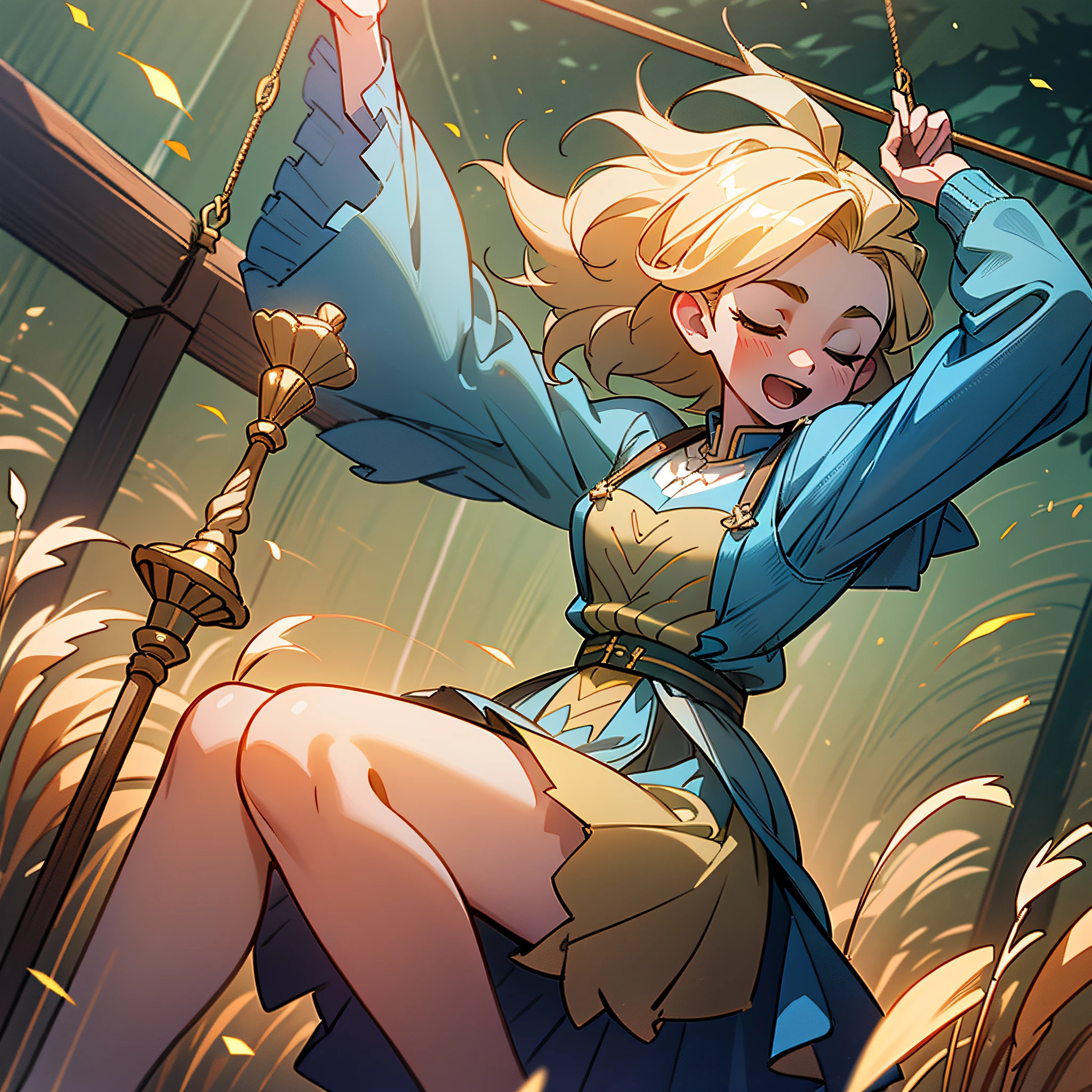 (masterpiece + best quality), very detailed technology (CG effect + 2.5D game screen), blue clothes, gold swing details, swing to heights, soft lighting, leaves dancing, wind and wheat waves, eye-catching, bringing people joy, beautiful dreams.
