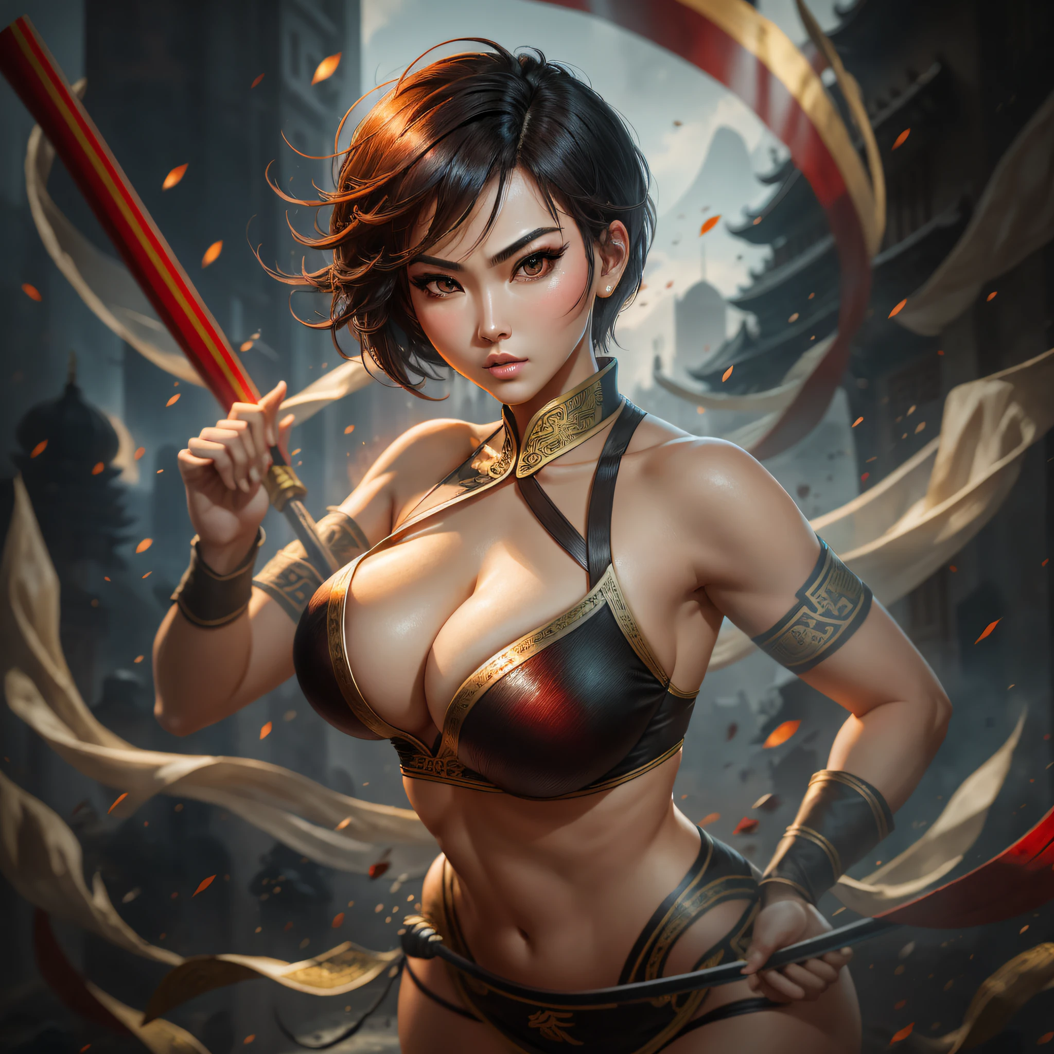 CG style, short hair, sexy big-breasted beauty, Chinese style sabre, martial arts style, battle posture, S-shaped body, beautiful and exquisite face shape, big eyes, battlefield background, grand scene --auto --s2