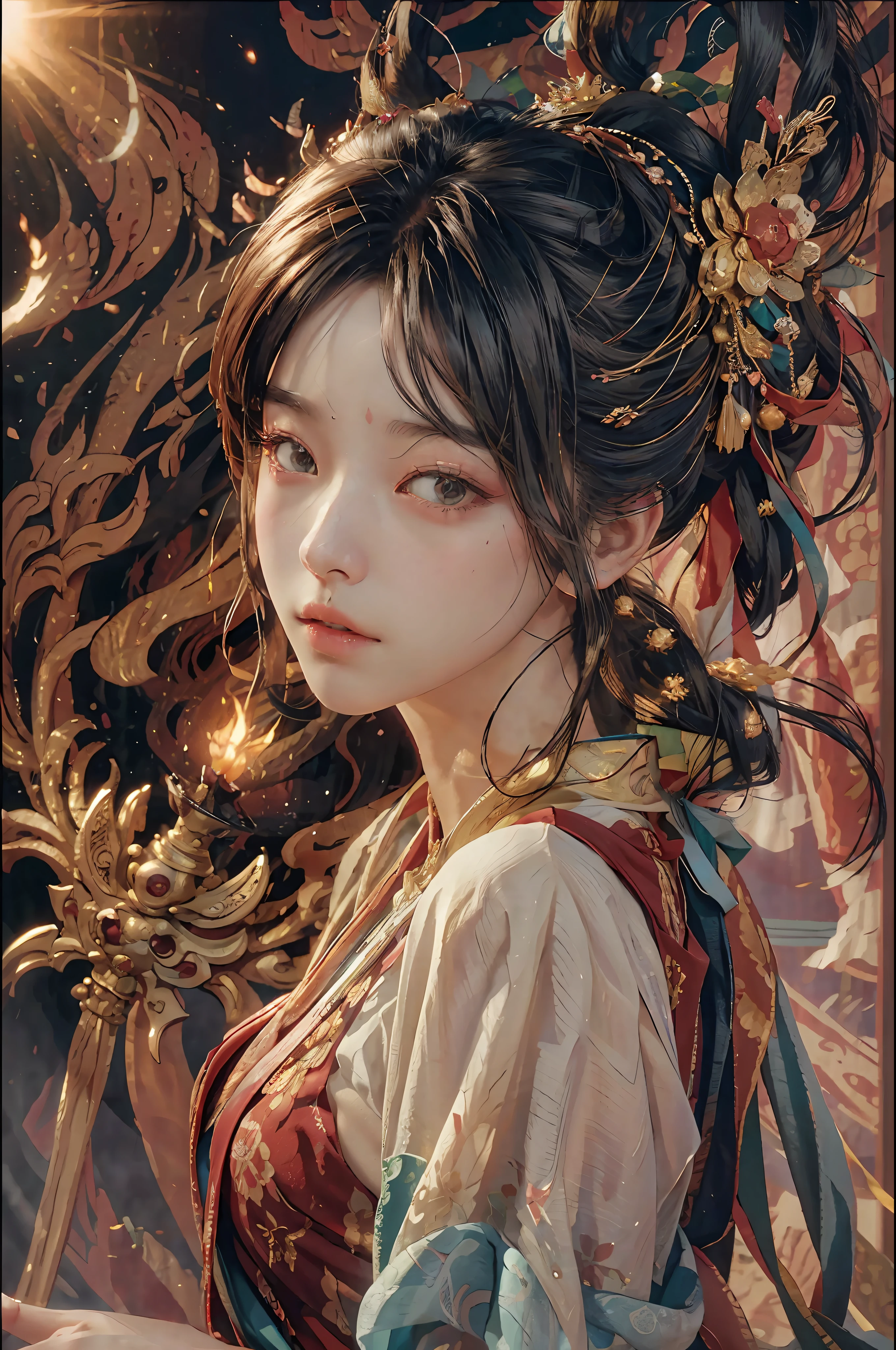 (RAW photo, best quality), (realistic, photo-realistic:1.3), best quality, highly detailed, masterpiece, ultra-detailed, illustration, 1girl, upper_body, dynamic angle, world mastery theater, messy_long_hair,best quality, extremely detailed CG unity 8k壁纸，墨水，惊人，电影灯光，lens_flare，dunhuang_style，飞越，边缘光，