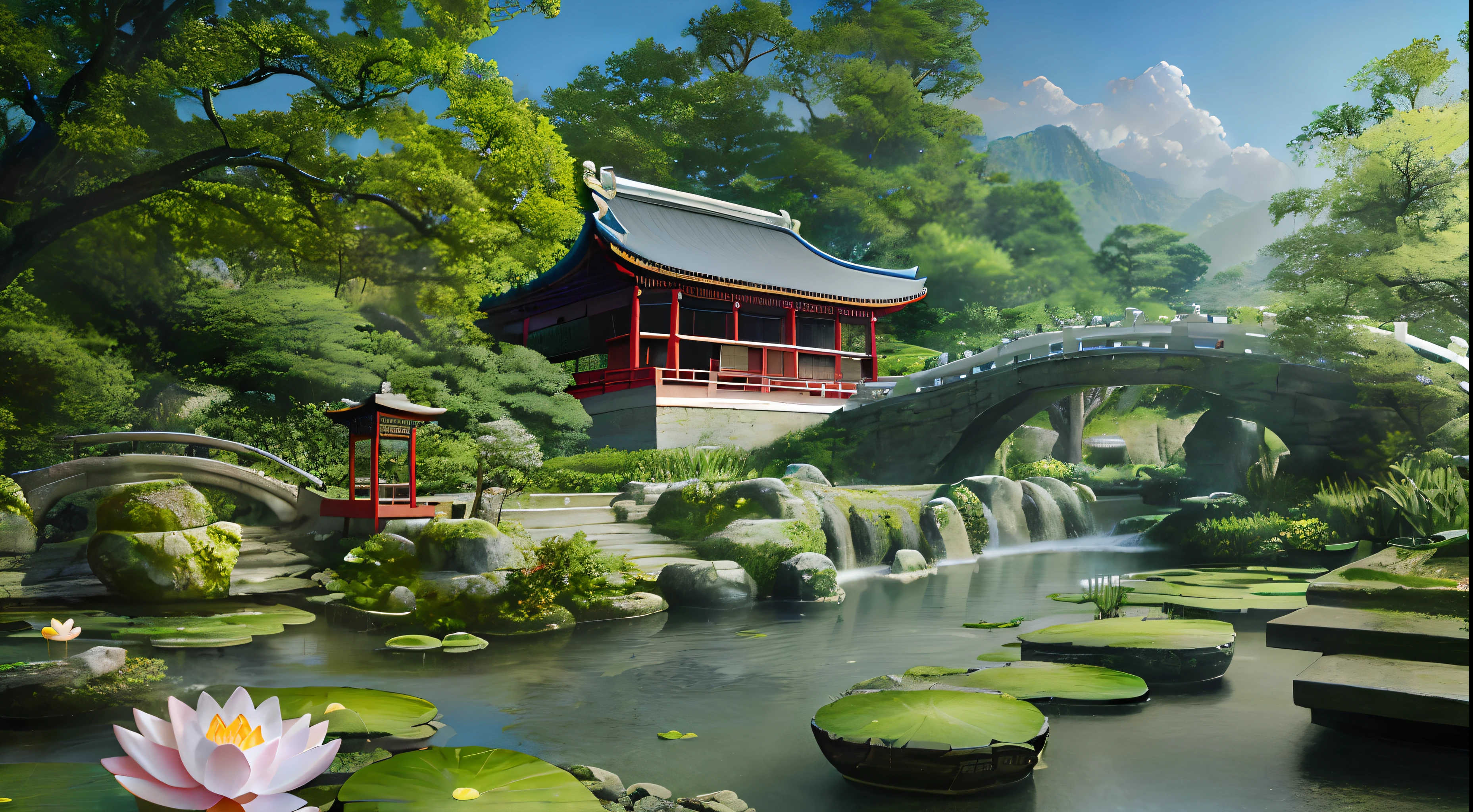 Chinese ancient architecture, sky, garden, bamboo, lake, stone bridge, rockery, arch bridge, corner, rockery, tree, water, landscape, outdoor, waterfall, grass, rock, water lily, creek, lotus, space softening light (illustration: 1.0), masterpiece, best quality