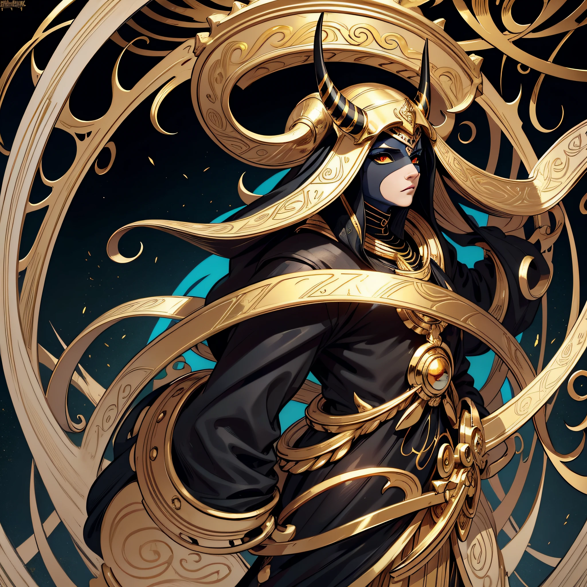 cephalopod, (cephalopod), black tentacles with gold markings, white blue gold and red egyption-style wings, full face white mask, large curved black and gold horns, a large red oval held by the tenacles, masterpiece, Best Quality