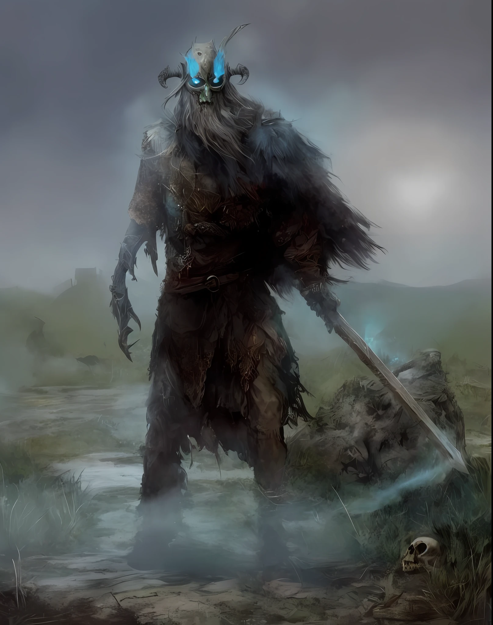 there is a man with a sword and a skull in a field, dark fantasy concept art, viking shaman, druid warrior, norse god, high fantasy concept art, epic fantasy character art, fantasy concept art, dark fantasy character design, beastman concept, norse warrior, eerie nostalgic concept art, epic fantasy concept art, а fantasy proto-slavic mythology