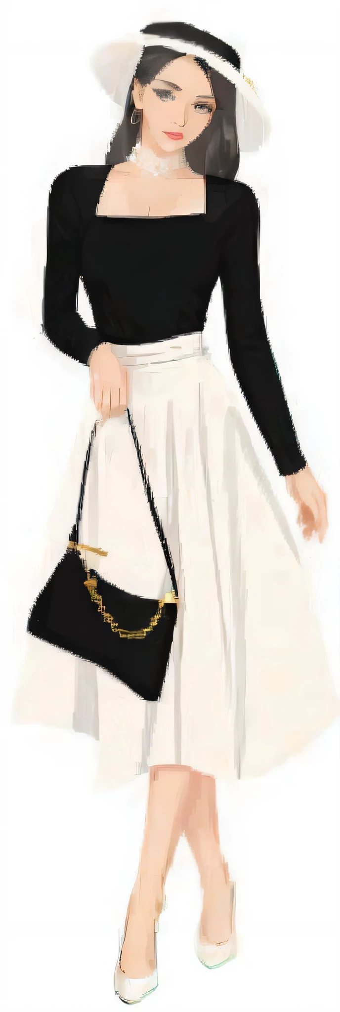 a close up of a woman in a white skirt and a black top, wearing an elegant outfit, digital art of an elegant, inspired by Evaline Ness, wearing a formal dress, wearing an elegant dress, elegant lady, by Gavin Hamilton, dressed with long fluent clothes, elegant girl, an elegant woman in black dress, looks like audrey hepburn, detailed fashion illustration