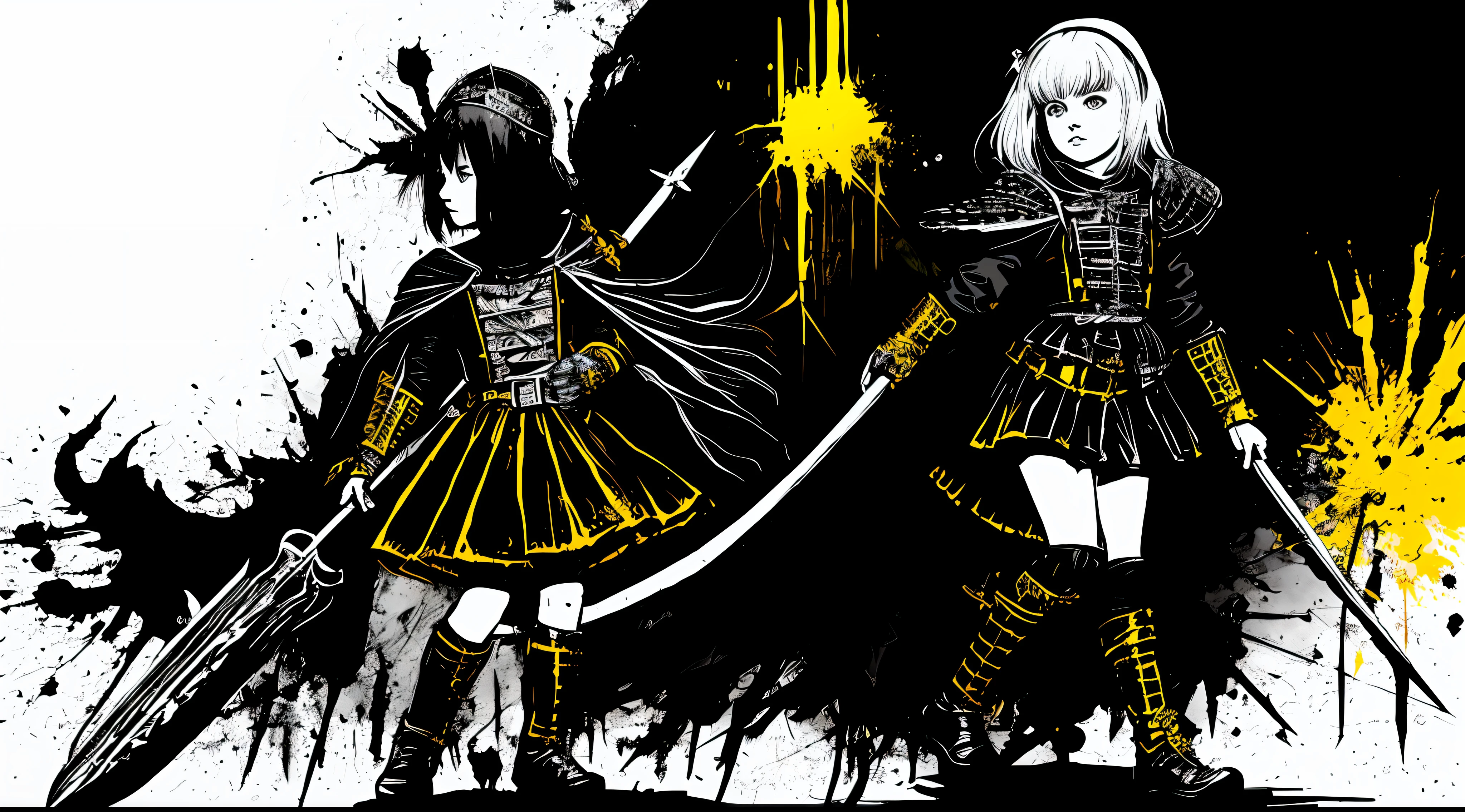 (a full body medieval , black and white), in the style of Mork Borg, strong contrast, grunge dirty punk splash art, zine black metal, yellow and black medieval background