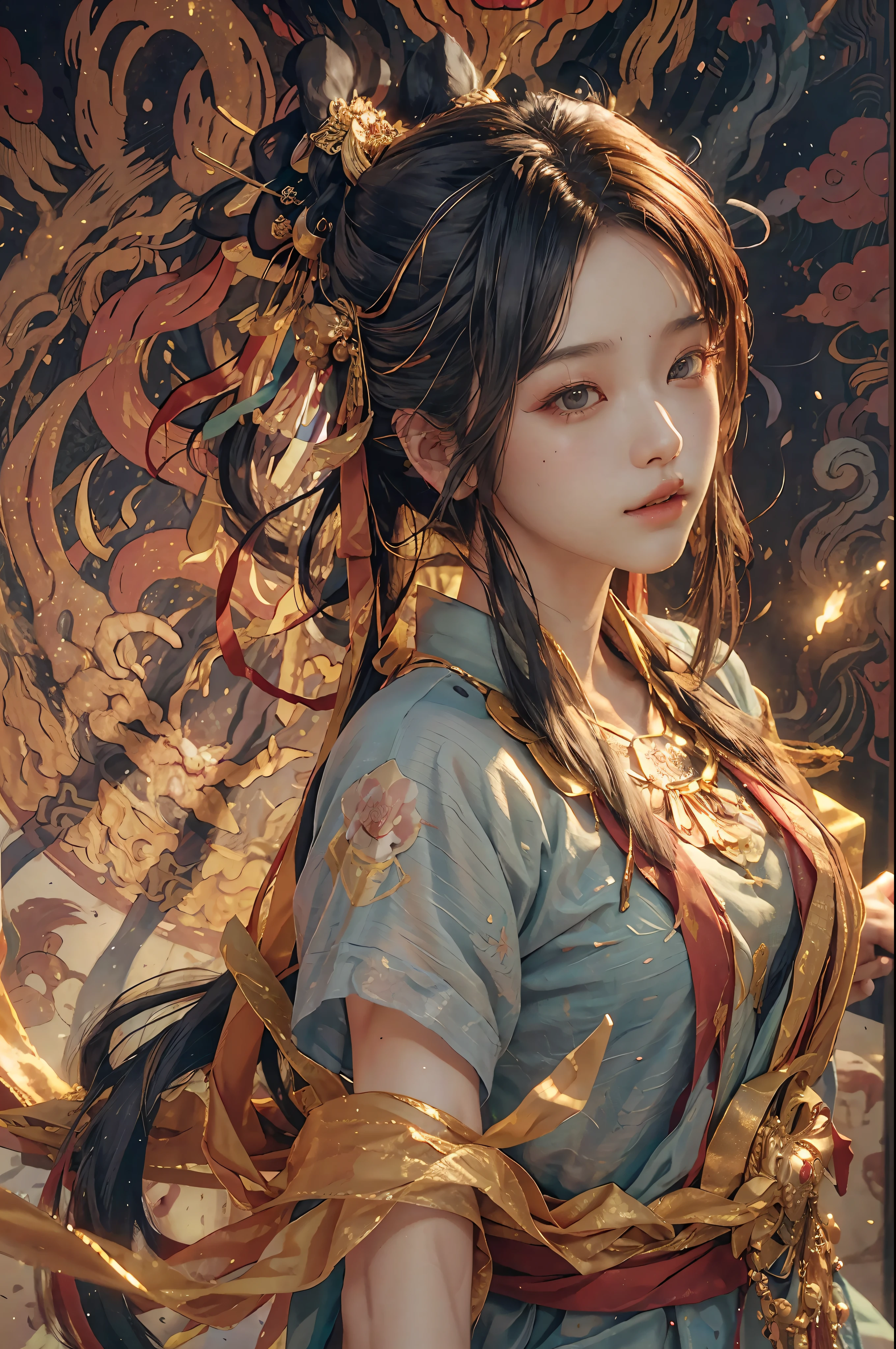 (RAW photo, best quality), (realistic, photo-realistic:1.3), best quality, highly detailed, masterpiece, ultra-detailed, illustration, 1girl, upper_body, dynamic angle, world mastery theater, messy_long_hair,best quality, extremely detailed CG unity 8k壁纸,墨水,惊人,电影灯光,lens_flare,dunhuang_style,飞越,边缘光,