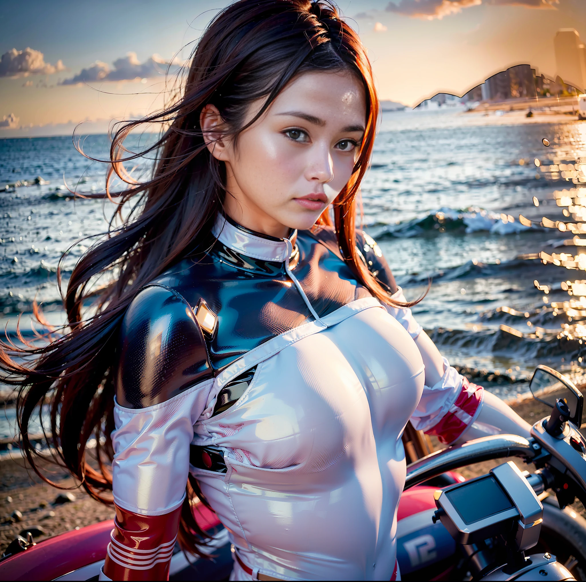 (top quality, masterpiece), 1girl, intricate details, (shading realistic lighting), huge file size, high resolution, elegant, realistic, (perfect anatomical depiction of the human body), teenage girl is stopping her motorcycle on the beach at dark sunset and looking somewhere, serious expression, the girl has whitening skin blue eyes and partially braided long hair is a brunette Japan, japanese, (the girl has very big), (the girl has super big), (the girl has a thin waist), (the girl has thin thighs), (the girl has a baby face), ((the girl wears a white bodysuit with smooth thin fabric)). (The girl's bodysuit has very cramped breasts), (The girl's white bodysuit has crimson lines on the outside of her limbs), (The girl wears a white bodysuit, red-white boots and gloves so she can't see any skin except her face), (The girl's bodysuit crushes her large breasts and spreads to the side), (Beautiful big blue eyes), (Thin and clear double eyelid lines in the eyes), ( Tear bags with glossy, plump and bright tones under the eyes), (pale blue iris), (some highlights on the iris and pupil), (red representation of the conjunctiva), (long eyelashes that are well visible), (taut swimsuit with super big), (skin and hair glistening in the setting sun from behind), (hair fluttering heavily in the strong sea breeze and shimmering in the backlight of the setting sun). ((The girl is standing in front of the motorcycle and looking into the distance)) , (shot showing the whole body, the motorcycle, the sea and the sunset), The motorcycle is a one-light naikit type, Holding a black helmet in one hand, The sun is dyed crimson on the horizon behind it, the sky has a gradient to a dark purple that is darker as it moves away from the crimson of the horizon, a very dark scene that is almost night, strong contrast between light and shadow, perfect hands, nice hands, mirage farina,