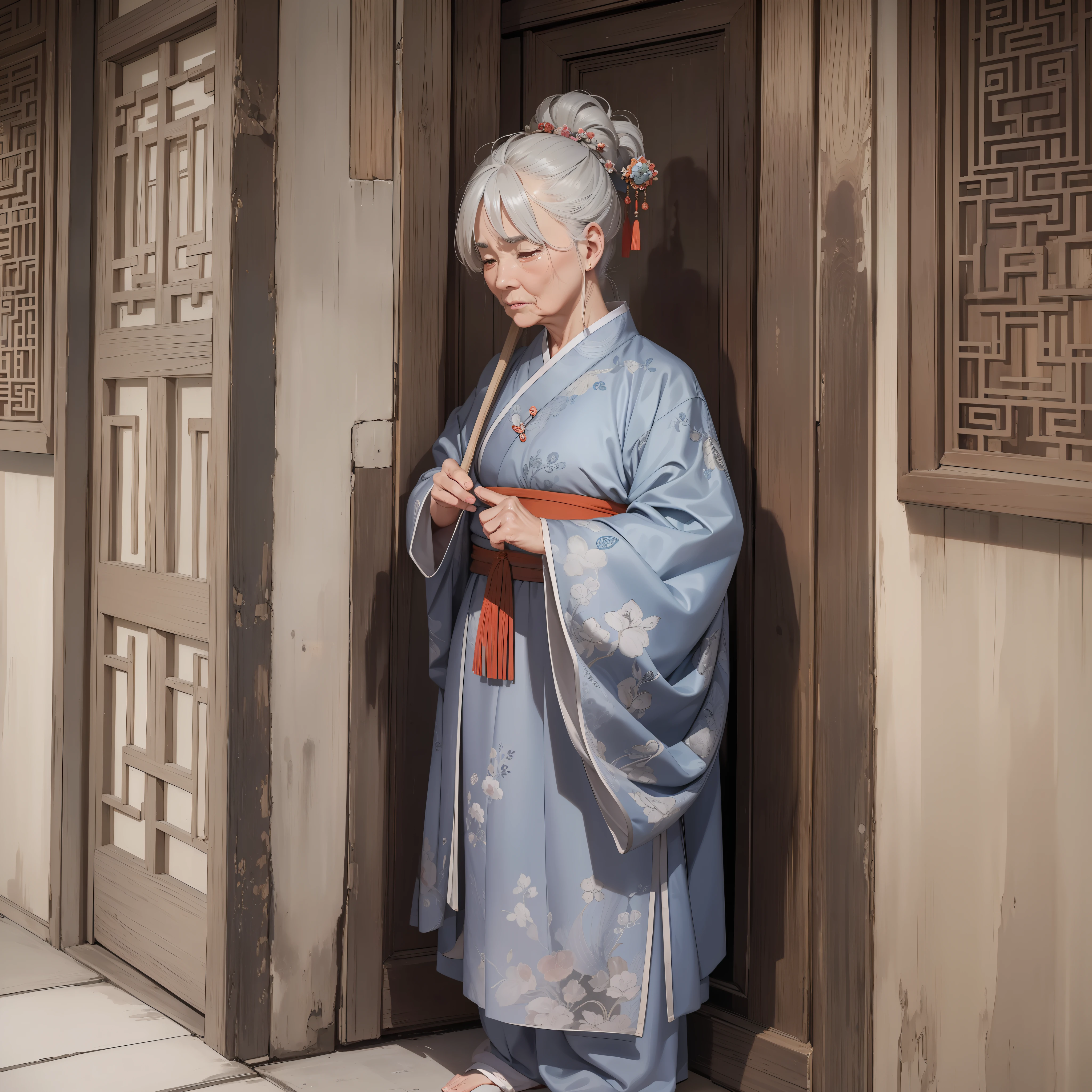 Absurd resolution, high resolution, (masterpiece: 1.4), hyper-detail, ancient Chinese, ten gray-haired, wrinkled old grandmother standing by the door crying (1.3) (background is a fire as tall as a person 1.5), crying (1.2), wearing shabby Chinese Hanfu 1.3 (upper body display 1.5) (a row of people 1.5)