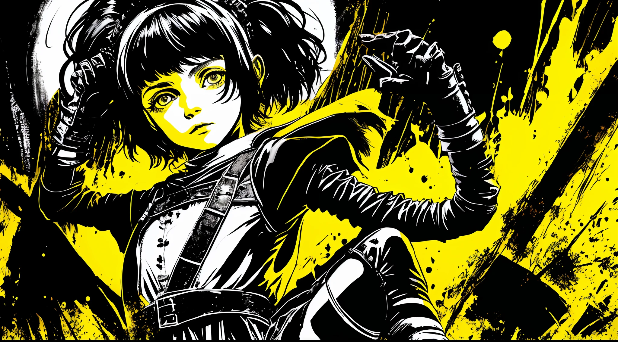 (a full body medieval little girl, solo, black and white), in the style of Mork Borg, strong contrast, grunge dirty punk splash art, zine black metal, yellow and black medieval background