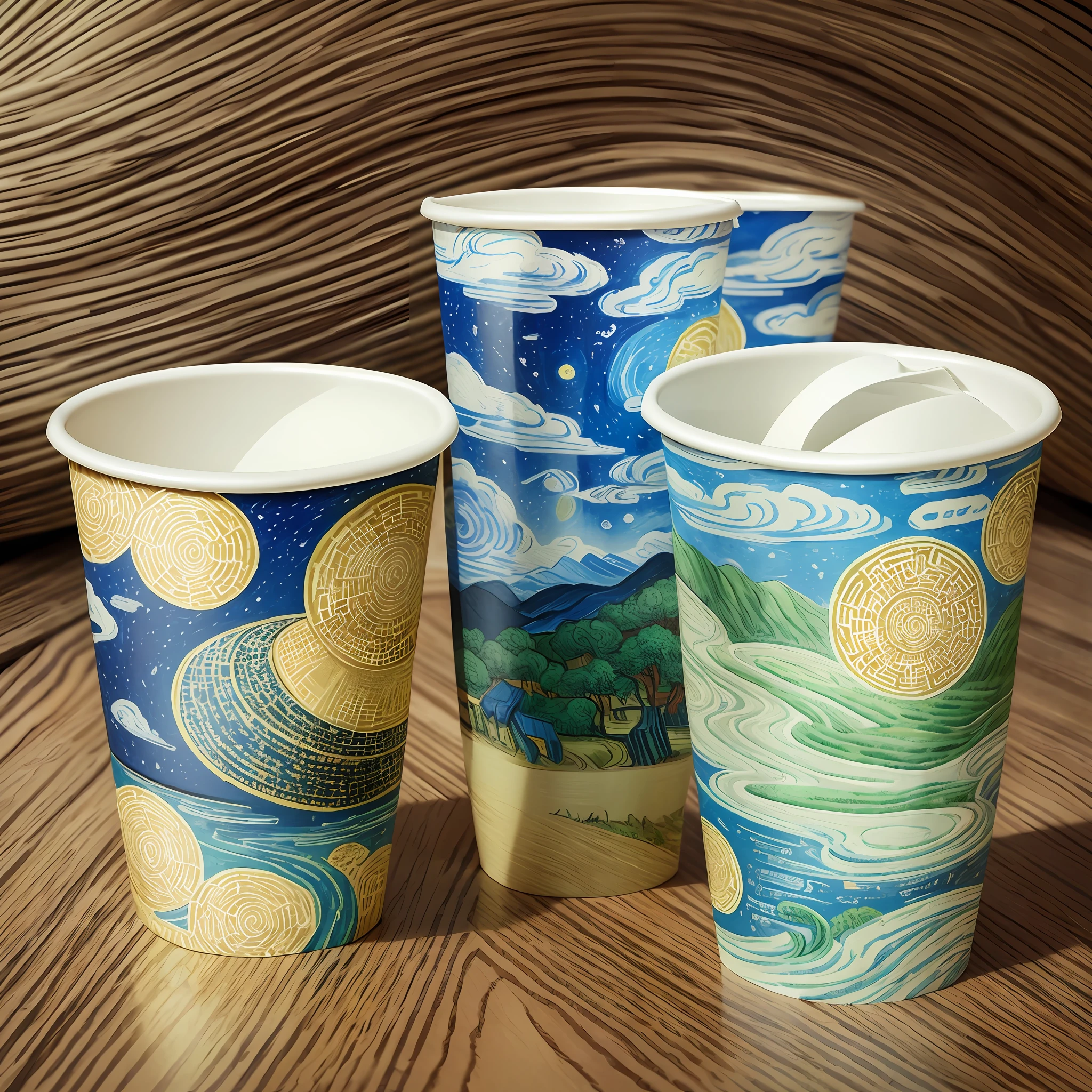 Paper cup packaging design, Van Gogh style, reflecting the artistic conception of Chinese painting, --auto --s2