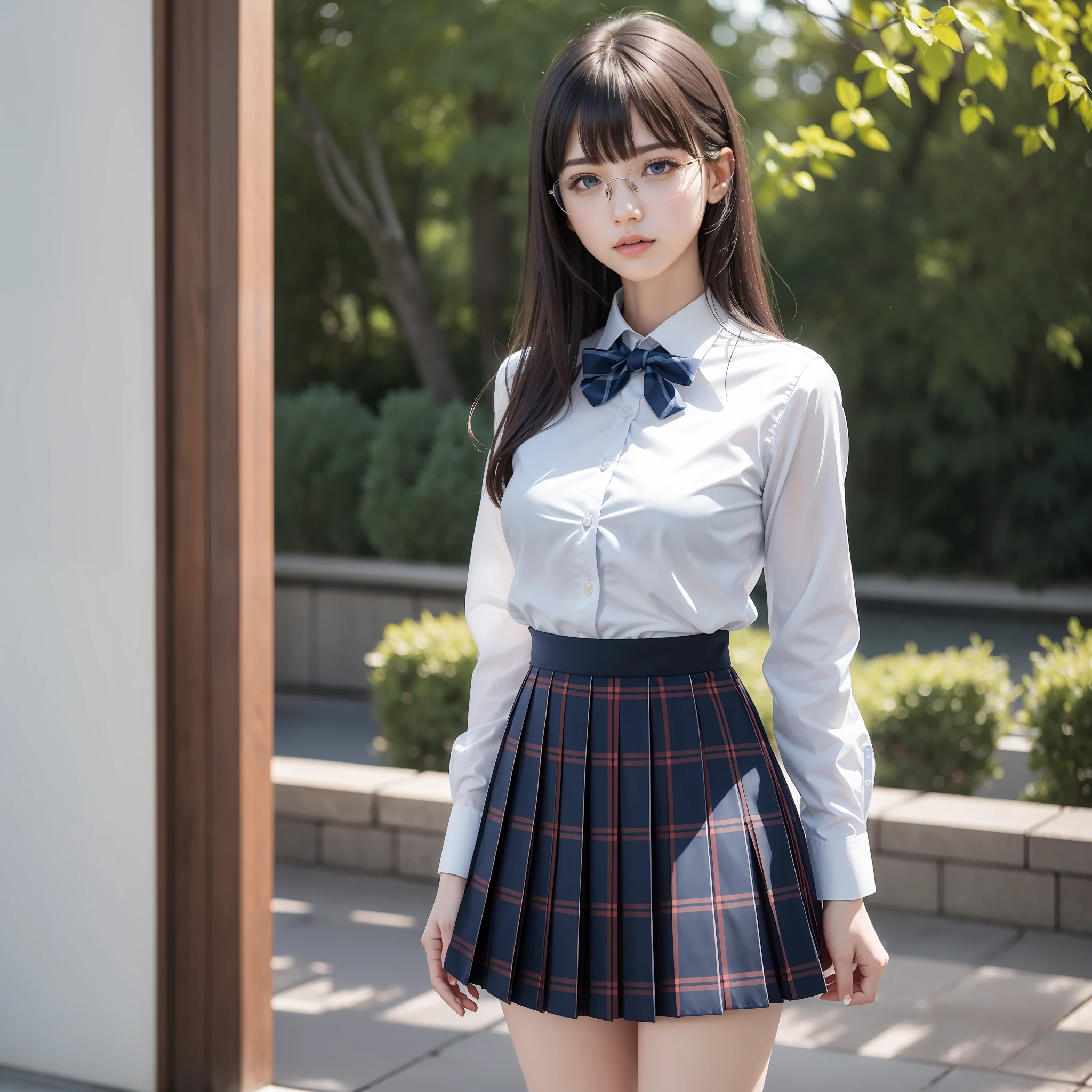 (8K, RAW Photo, Best Quality, Masterpiece: 1.2),Solo, Solo,Glasses,Standing,Small,Flat Breasts (Realistic, Photorealistic:1.37), Best Quality, Ultra High Resolution, Photon Mapping, Radiosity, Physically Based Rendering, Blurred, Foreground, Depth of Field, Blurred Background, Photo_\ (Medium), Motion Blur, Girl, (Full) Body), Long Legs, slender legs, medium hair, bangs, bangs, hair_ornament, lips, blue_eyes, nosesoft, china, white shirt, navy blue and blue plaid pleated skirt, sheer clothing, black loafers, thigh-hai, black cotton socks,
