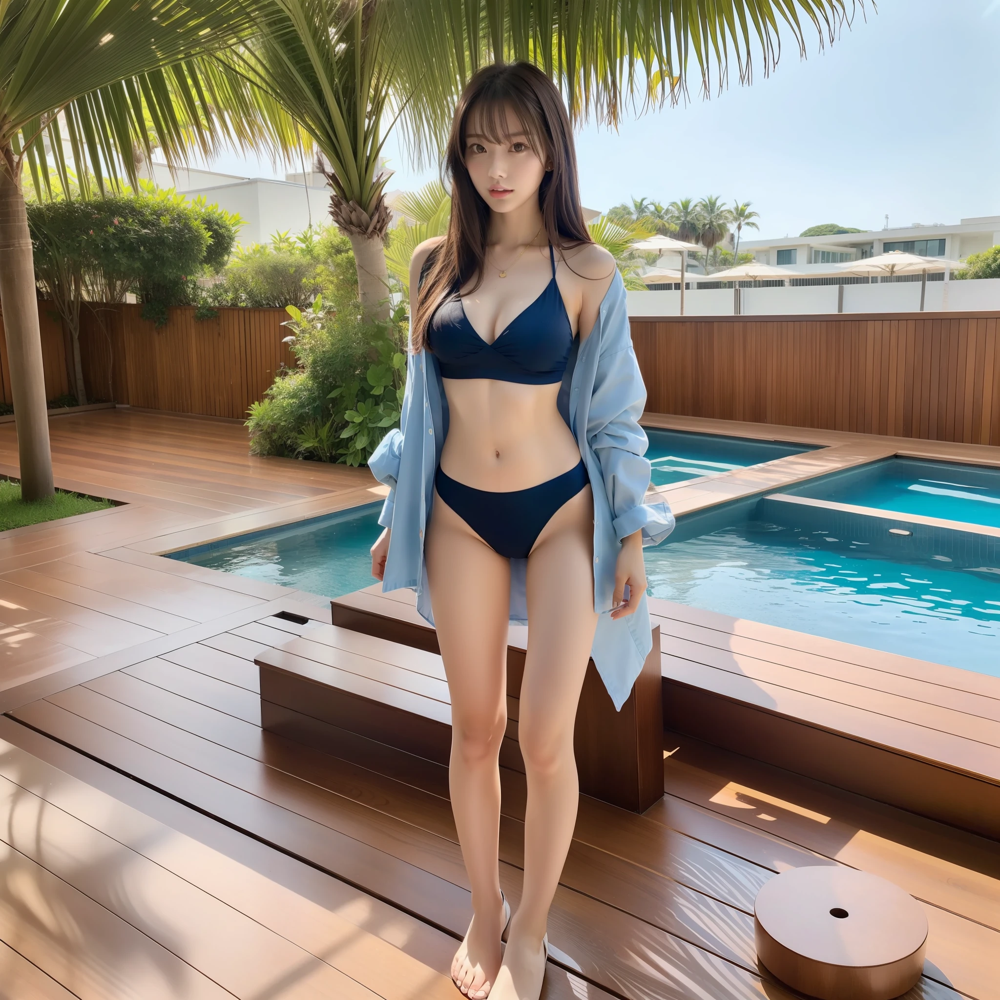 1girl, Solo, Best quality, Cute Japan woman pictures, 20 years old, Beautiful Japan woman, Incredibly gorgeous, (model), Long hair,Bangs,slender, Sexy blue bikini, (tall), (long legs), Cool look, Luxury hotel poolside, Full body shot, Front shot,Brown eyes, Seductive charm, Modern fashion, Poolside lounge, Chiseled features, Stylish pose illuminated by the sun, High quality setting, Model-like stance, Camera facing, Palm tree, Wooden deck, Lounge chair, Sun-kissed skin, impressive gaze, elegant posture, fashionable accessories, gentle sea breeze, luxurious atmosphere, bright wonderful, natural makeup, luxurious environment, calm and calm elegance.