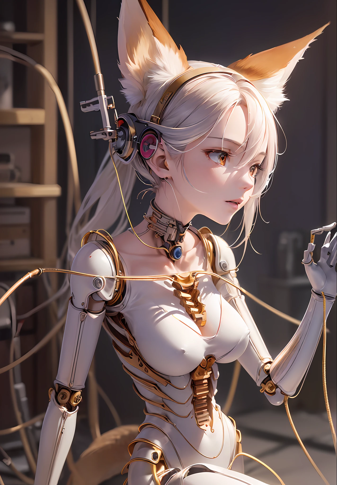 (((Masterpiece)))), (((highest quality)))), ((Ultra Definition)), (High Definition CG Illustration), (((Very delicate and beautiful)), (from the side), Cinematic light, (((1 Mechanical Fox Ear Girl)), Solo, Full Body, (Mechanical Joint: 1.2), ((Mechanical Limbs)), (Blood Vessels Connected to Tubes), (Mechanical Spine Attached to the Back), (Mechanical Cervical Vertebrae Attached to the Neck)), (Sitting), Expressionless, (Wires and cables attached to the neck: 1.2), (Wires and cables on the head: 1.2) (Character Focused), Science Fiction, Highly Detailed, Colorful, Most Detailed