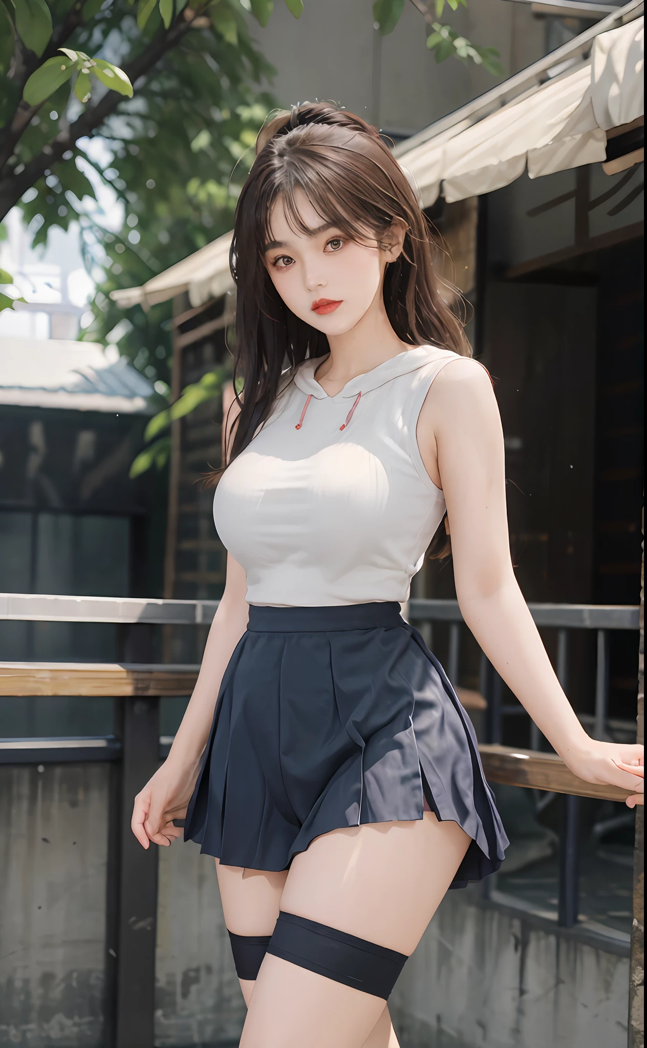 (masterpiece, realistic, high resolution), ((1 girl): 1.2), Korean, ((white wavy hair): 1.3), (heterochromia: 1.1, thick eyebrows,), (white hoodie, black sports shorts), ((medium breasts): 1.2, small waist, thigh), catwalk walk, masterpiece: 1.2, best quality), realism, (real pictures, rich detail details, depth of field), (1 girl, solo), makeup, high detail, perfect face shape, (: 1.4), (skin dents), thick thighs, wide hips, thin waist, high, coral, red lips, red eyes, ponytail (girls, shallow tulle, tulle transparent), (sweat: 1.2) , (wet), sexy, blush, (shy expression), tank top, suspenders, belly pockets, shorts, yoga pants, tight short skirts, tight shorts, stockings, fishnet socks, pajamas, pleated skirts, skirts, hip skirts, flowers on clothes,