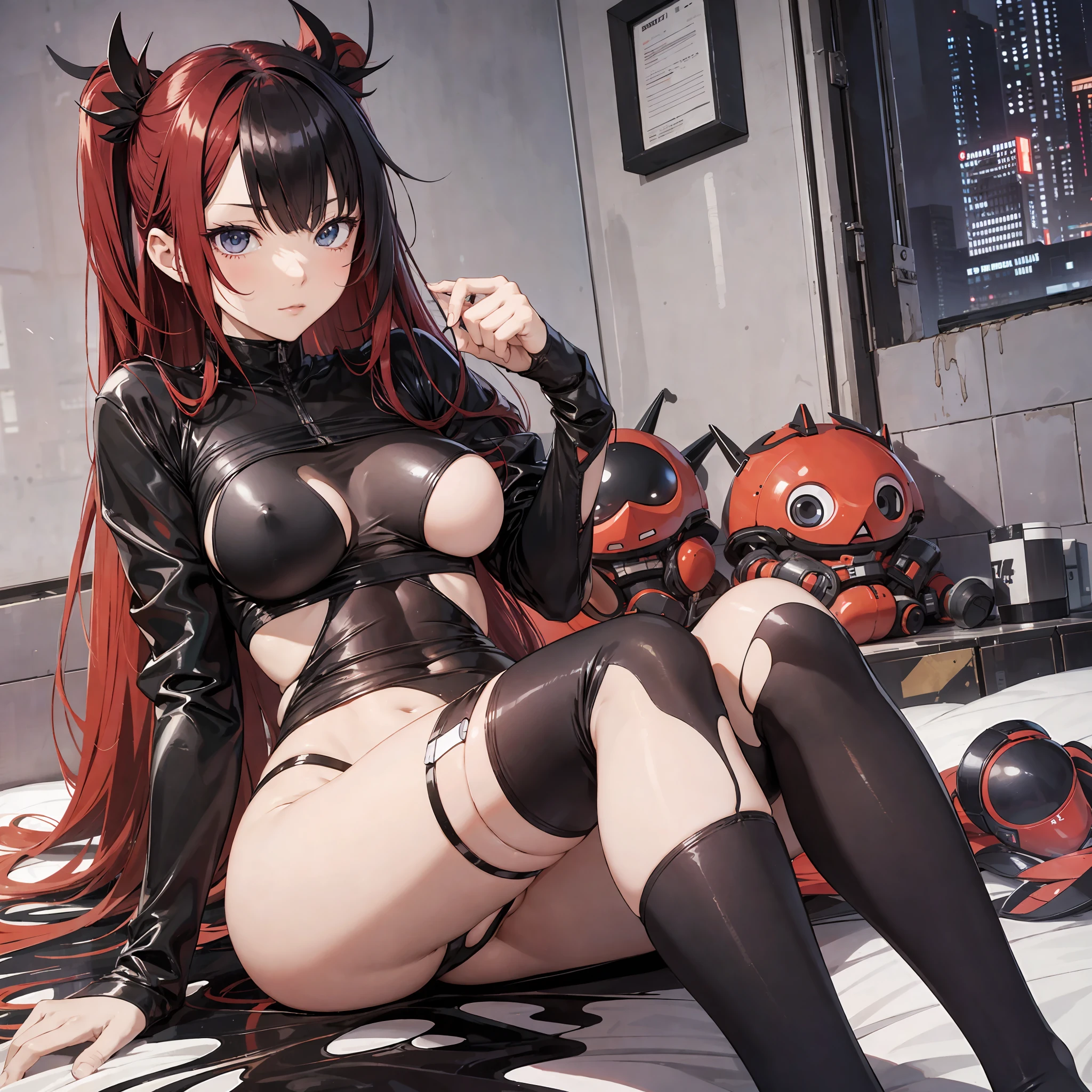 Anime characters, girls, tights, white, naked, legs in black silk, coquettish state, red hair, bare belly, lying in bed, holding bananas, cyberpunk series, dark night, swallowing liquid --auto --s2