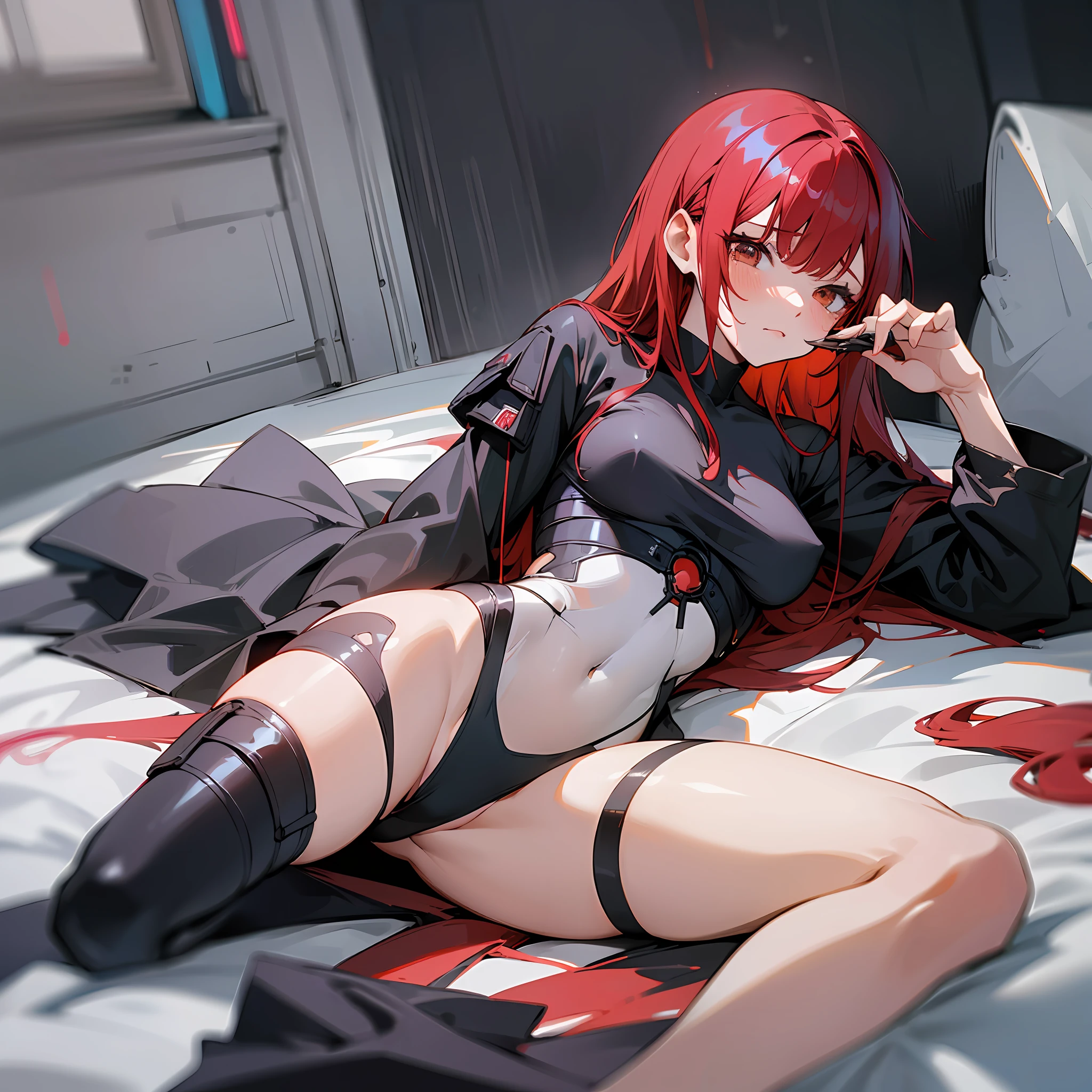 Anime characters, girls, tights, white clothes, naked, legs wearing black silk, coquettish state, red hair, bare belly, lying in bed, holding bananas, cyberpunk series, dark night, white coagulated state liquid on the side of the mouth, tears in the corners of the eyes --auto --s2
