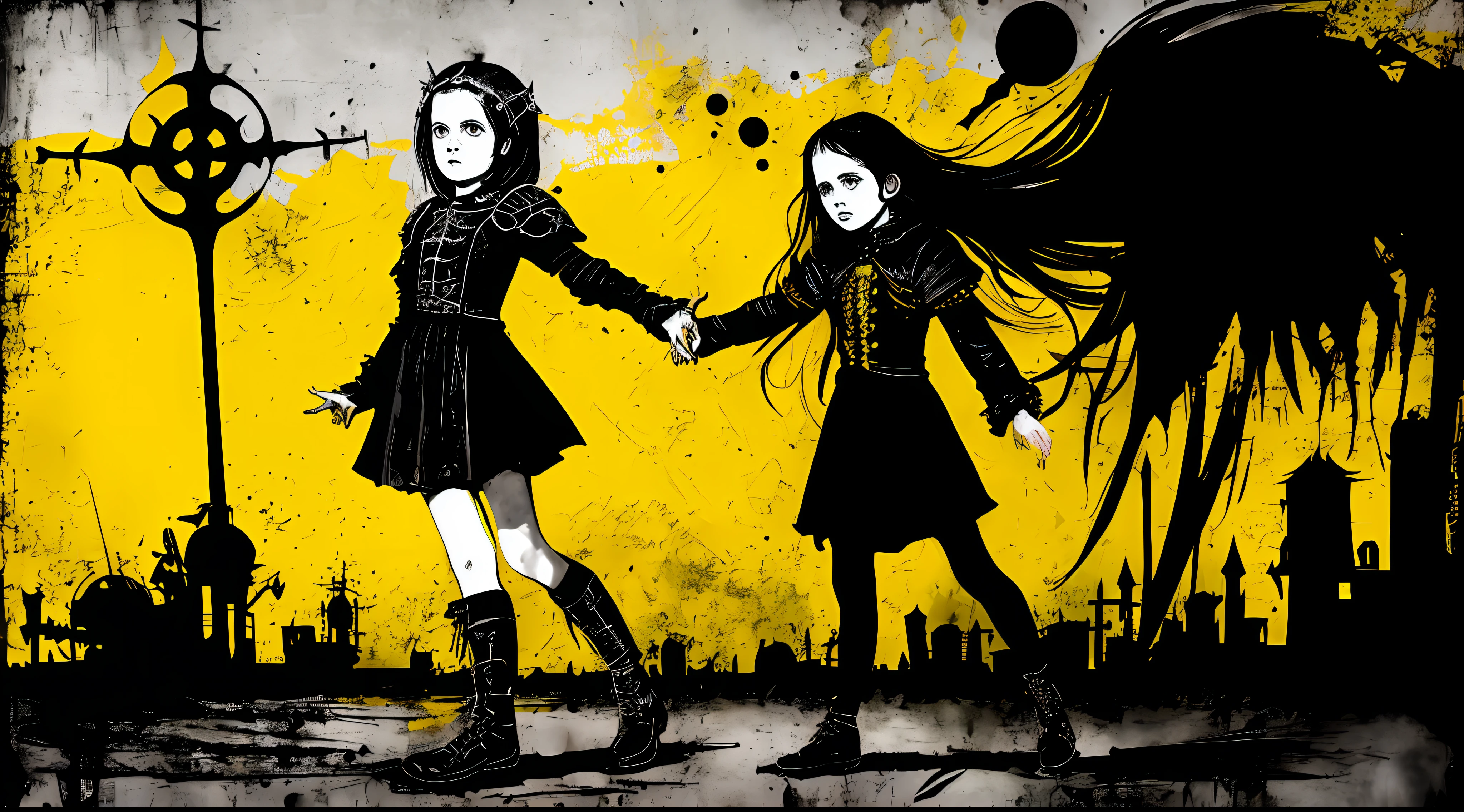 (a full body medieval little girl, solo, black and white), in the style of Mork Borg, strong contrast, grunge dirty punk splash art, zine black metal, yellow and black medieval background