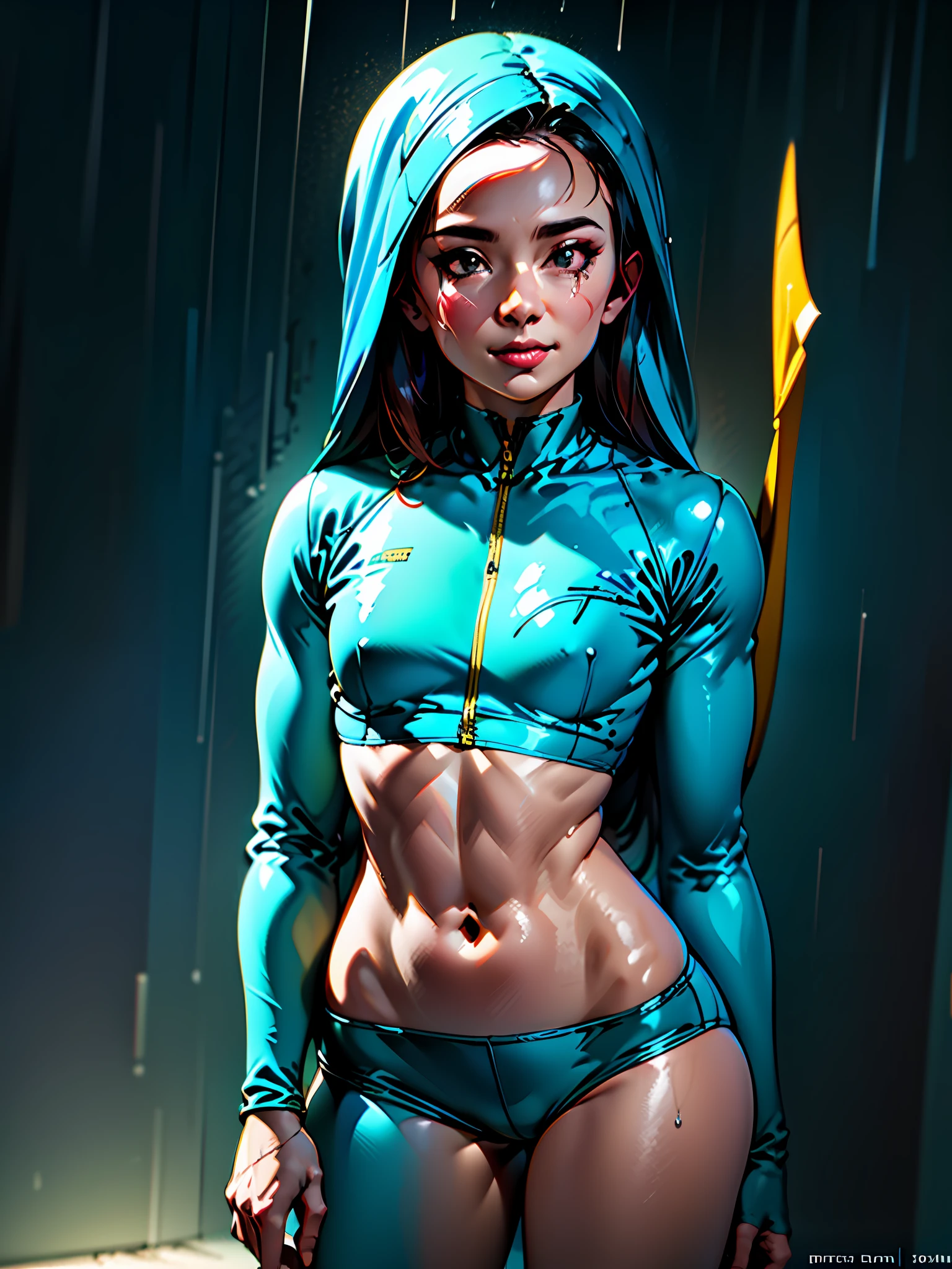 illustration, (smile,:1),(raining,wet,splash:1.3),  (string,abs,small breasts,:1.1),(thin transparent, wet clothes,sfw),thighs, battlefield, (slim, fit,flat chest, petite,ukranian,) photo realistic, high definition, detailed realistic, detailed,  hyper detailed, realistic skin texture, ultra high resolution, high resolution,flag painted,  (masterpiece, best quality),  face tears,