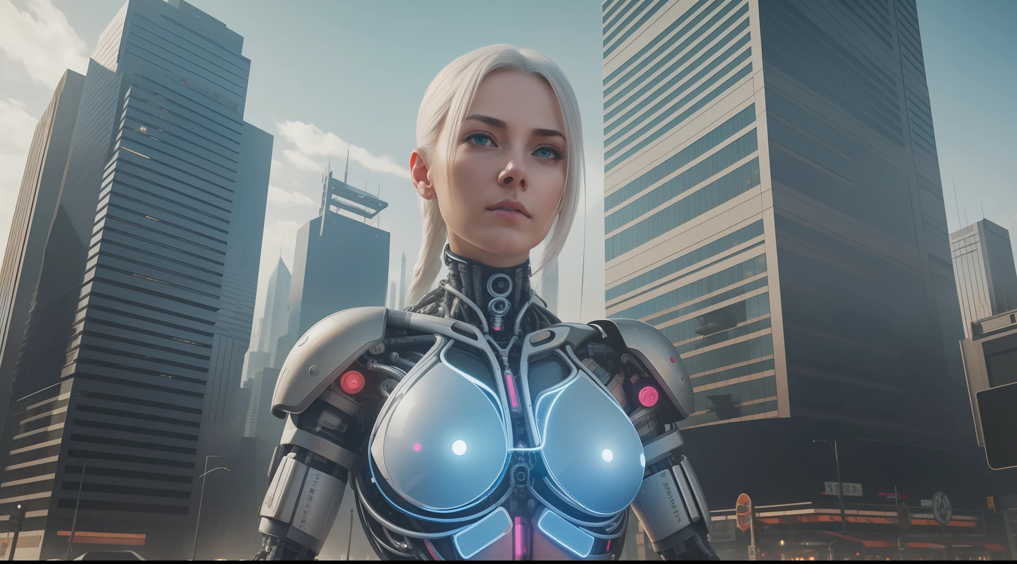 Award-winning photo from the waist up, white-haired woman, showing face, alone, from torso up, with cybernetic enhancements with tattoo of magical symbols, in front of cyberpunk buildings, vibrant, photorealistic, hyperrealism, strong impressionist painting style, 1,618, elegant, ethereal, intricate, elaborate, hyper-realism, hyper-detailed, strong expressiveness and emotionality, cinematic lighting, visual clarity