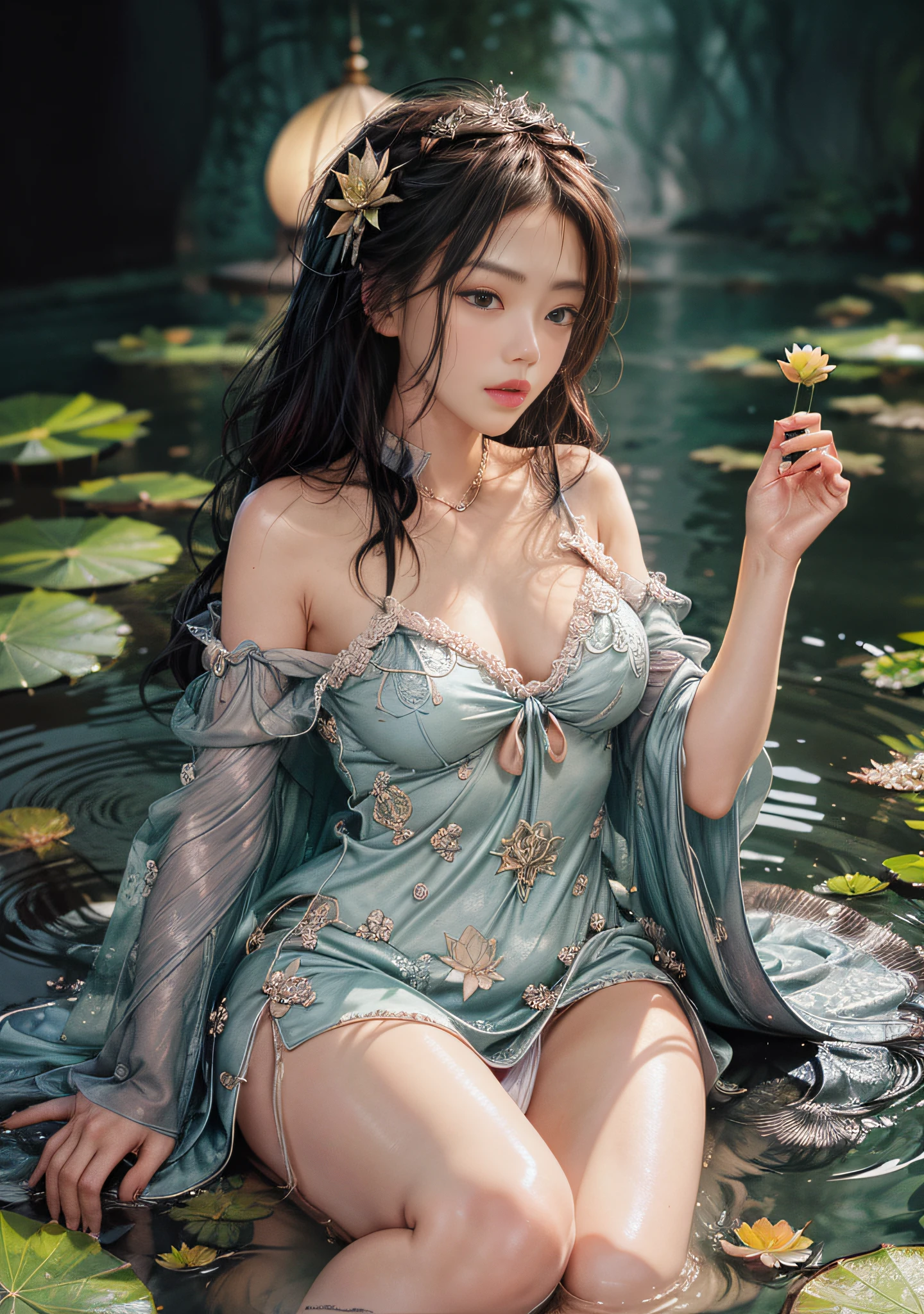 Lying on the shore of a lake full of lotus flowers, feet playing in the water, art depicts a charming woman with 2 hands, 2 legs, delicate face, normal face, wearing a flowing, silky traditional oriental dress, long, taro purple, decorated with intricate patterns and bright colors. Her dress drapes elegantly over her curvy figure, accentuating her seductive silhouette. She sits gracefully by the tranquil lotus lake, her feet playing in the water, bathed in the soft glow of the moonlight. The scene exudes an ethereal and dreamy atmosphere, with a touch of mystery and sexiness. The graphic style blends watercolor and digital illustration techniques to evoke a refined beauty and charm. The lights are filled with soft moonlight, casting soft highlights and shadows on her charming features. Bare thighs, big breasts, three-dimensional facial features, sitting, upturned legs, side braids