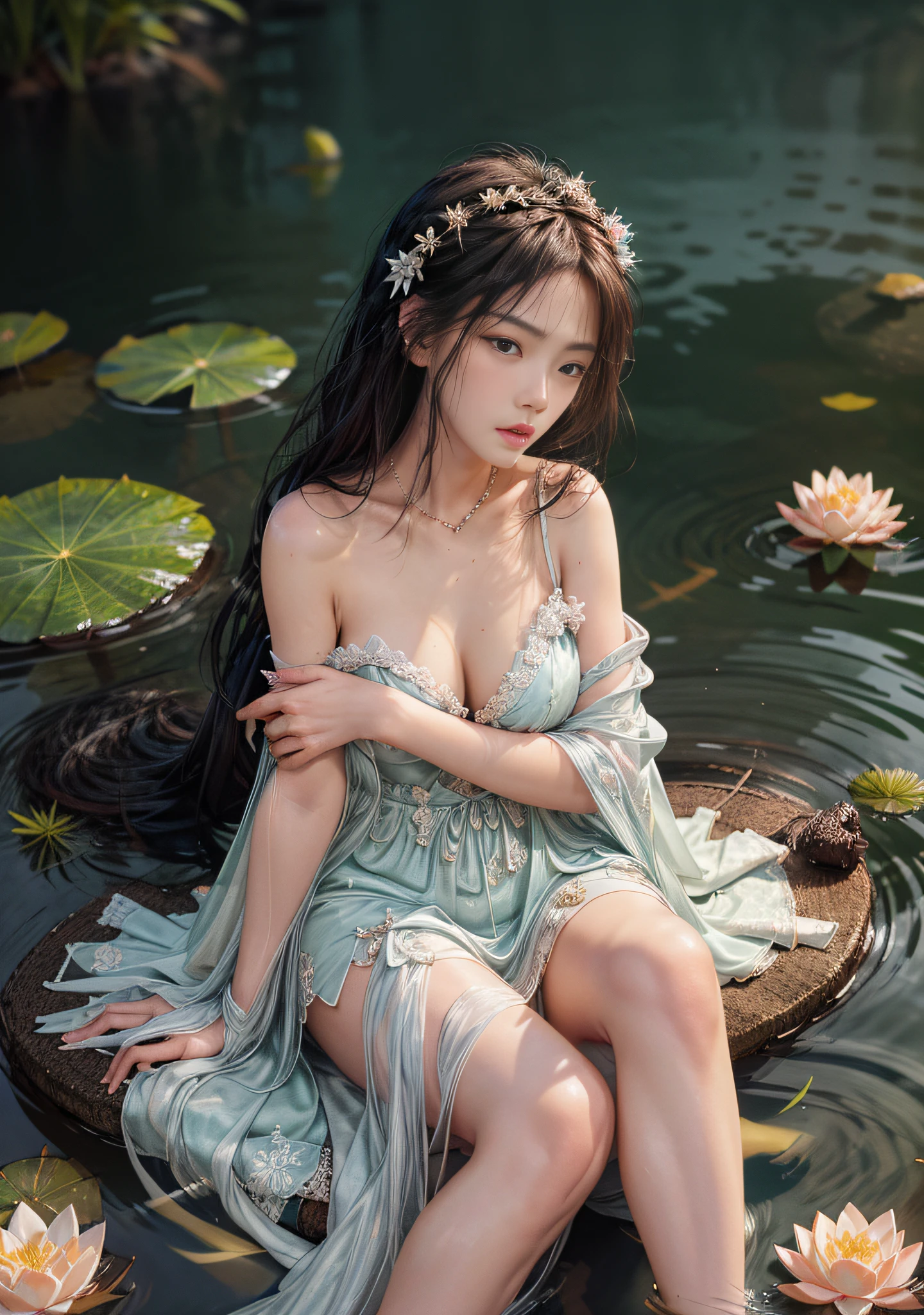 Lying on the shore of a lake full of lotus flowers, feet playing in the water, art depicts a charming woman with 2 hands, 2 legs, delicate face, normal face, wearing a flowing, silky traditional oriental dress, long, taro purple, decorated with intricate patterns and bright colors. Her dress drapes elegantly over her curvy figure, accentuating her seductive silhouette. She sits gracefully by the tranquil lotus lake, her feet playing in the water, bathed in the soft glow of the moonlight. The scene exudes an ethereal and dreamy atmosphere, with a touch of mystery and sexiness. The graphic style blends watercolor and digital illustration techniques to evoke a refined beauty and charm. The lights are filled with soft moonlight, casting soft highlights and shadows on her charming features. Bare thighs, big breasts, three-dimensional facial features, sitting, upturned legs, side braids