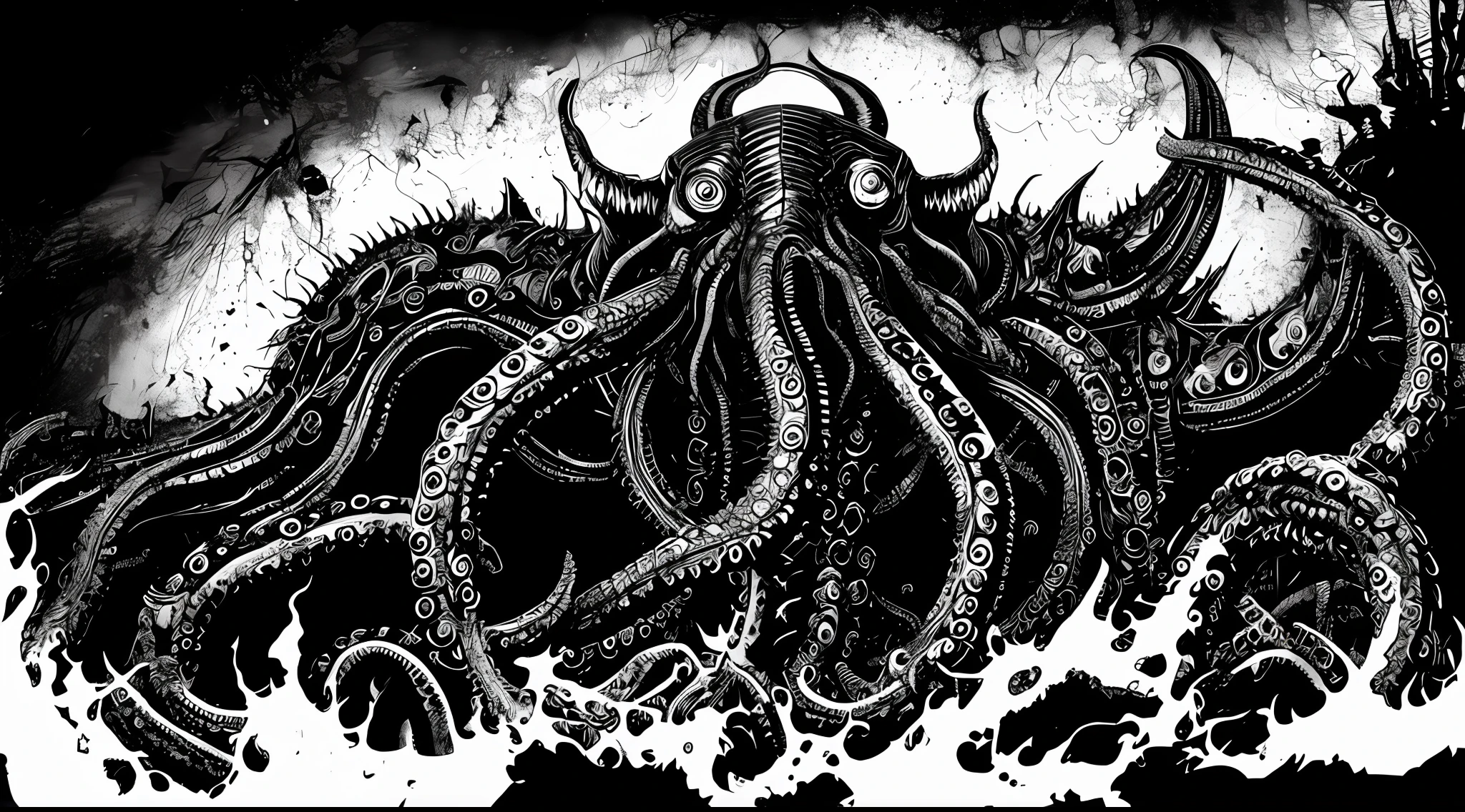 (a giant evil deformed monstrous creature with tentacles, black and white), in the style of Mork Borg, strong contrast, grunge dirty punk splash art, zine black metal, yellow and black medieval background