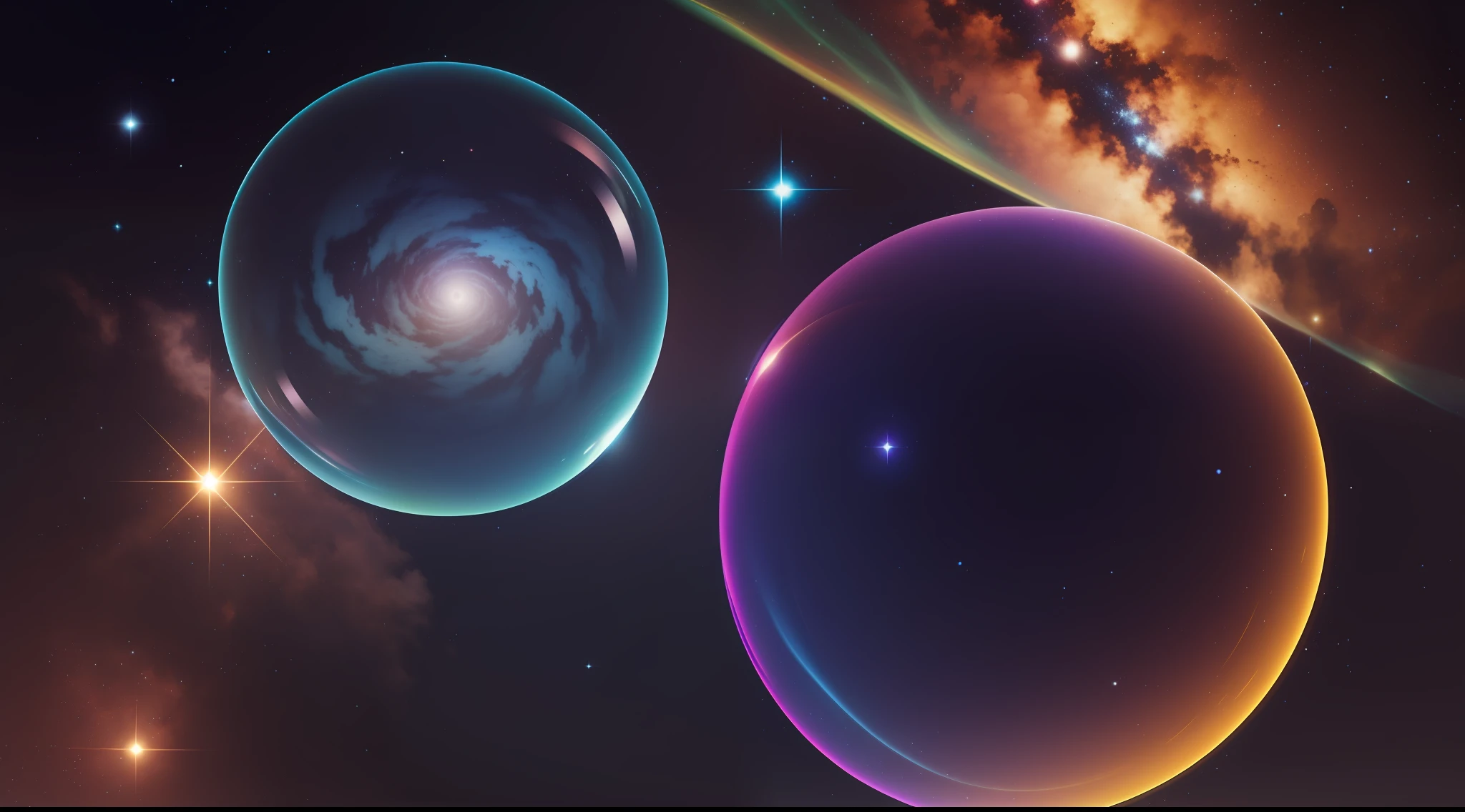A large number of slowly rising bubbles, Each bubble is wrapped in a starry sky, Brilliant and colorful, Dreamlike, high detail, Conceptual art, chiaroscuro, perspective, Surrealism, Color Field painting, modern, modern, ray tracing, chromatic aberration abuse, motion lines, projected inset, high detail, high detail, Abstractionism, Pointillism, UHD, best quality, highres, 8k, award winning