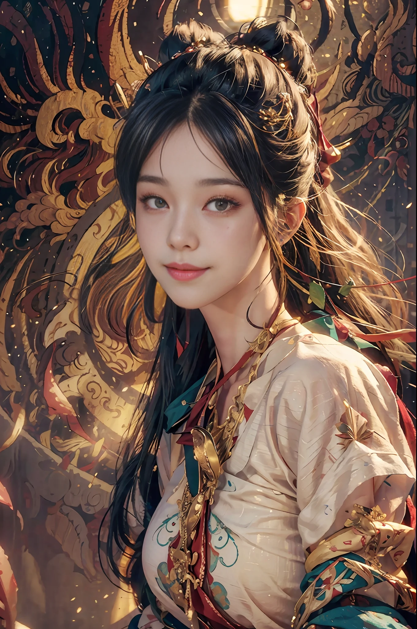 (RAW Photo, Best Quality), (Realistic, Photorealistic Photo: 1.3), Best Quality, Highly Detailed, Masterpiece, Ultra Detailed, Illustration, 1girl, upper_body, Dynamic Angle, World Mastery Theater, messy_long_hair, Best Quality, Extremely Detailed CG Unified 8k Wallpaper, Ink, Amazing, Movie Lights, lens_flare, dunhuang_style, Flyby, Edge Light, Cute Smile