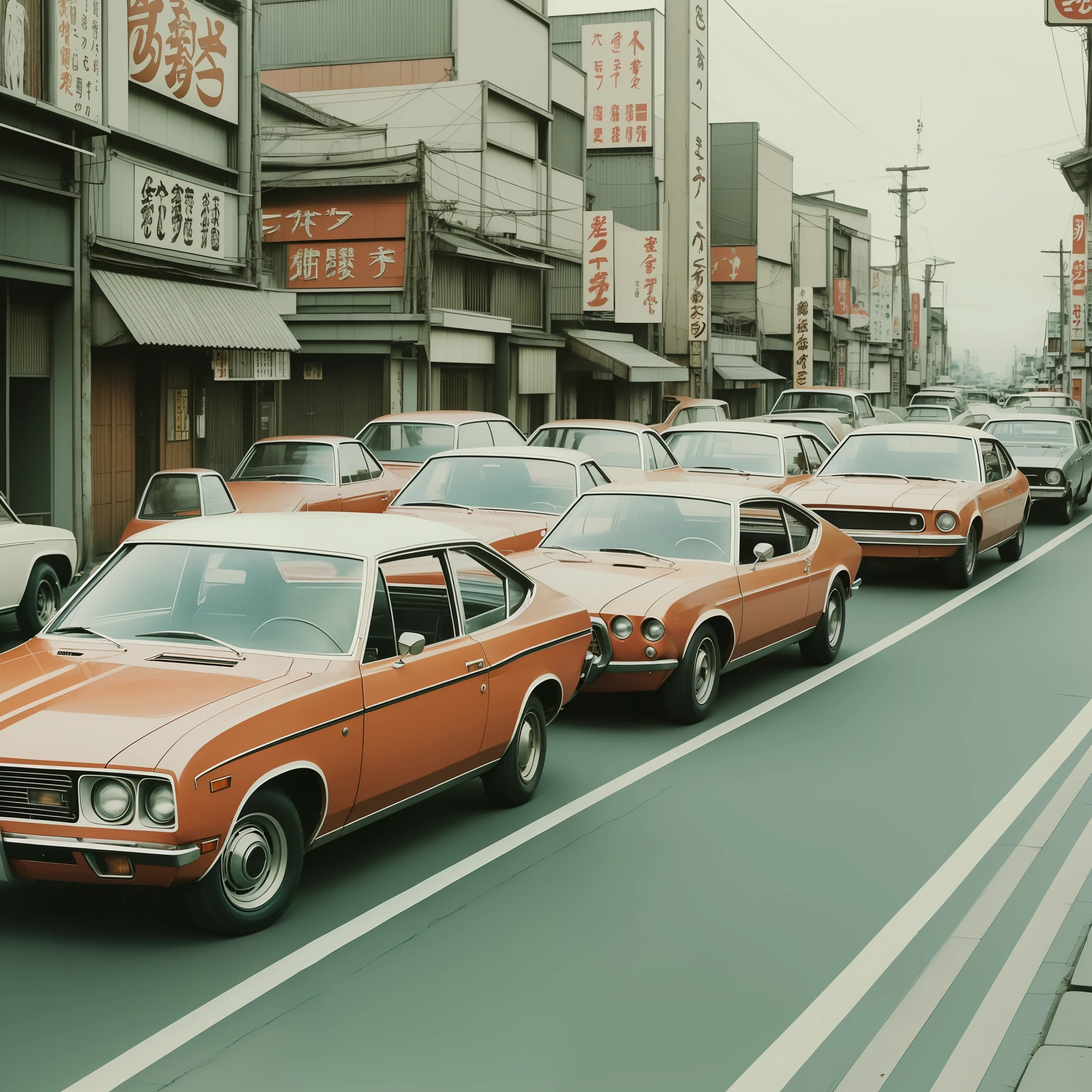 1970's Japan photo, people in 1970, nostalgic, vintage, old faded color photo, cityscape, realistic photo, high quality, 1 white car 1970's, 1 red car 1970's, cloudy, dirty , rust, ultra-realistic, retro --auto --s2