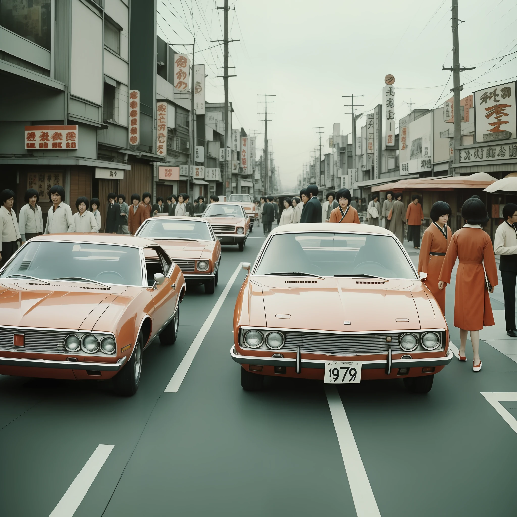 1970's Japan photo, people in 1970, nostalgic, vintage, old faded color photo, cityscape, realistic photo, high quality, 1 white car 1970's, 1 red car 1970's, cloudy, dirty , rust, ultra-realistic, retro --auto --s2