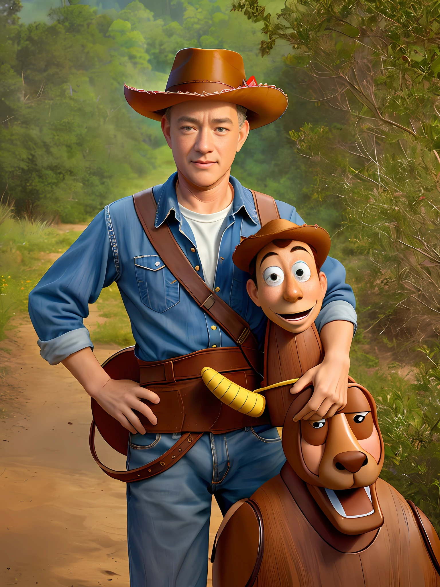 Tom Hanks as Woody: Visualize Tom Hanks lending his voice to the beloved character of Woody from Disney/Pixar's "Toy Story" franchise. With his genuine warmth and loyalty, Woody leads his fellow toys on countless adventures, teaching valuable lessons about friendship and teamwork.