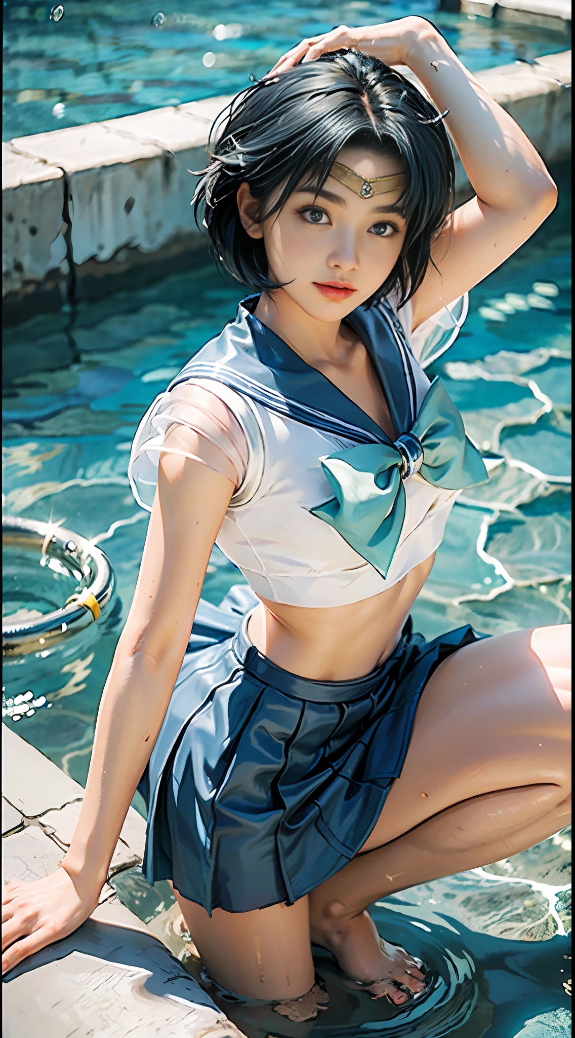 Best Quality, Masterpiece, Ultra High Resolution, (Realism: 1.4), Original Photo, A Twenty-Year-Old Girl, (Sailor Moon: 2.1) ((Ami Mizuno/Sailor Crystal, Sailor Mercury)), Charming Smile, Short Hair, Short Blue Hair, Vibrant Blue Eyes, Short Skirt, Looking at the Viewer, Pool in the Background, Dynamic Pose, OC Rendering, Water Splashing