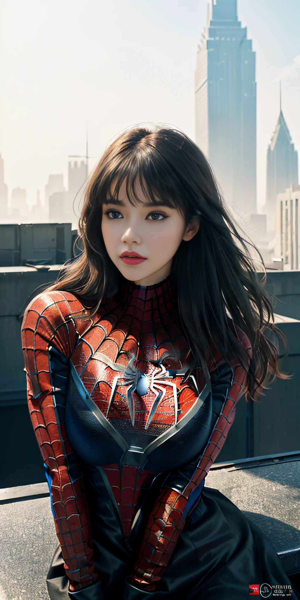 (1girl:1.3), solo, ((very detailed face)))), ((very detailed eyes and face))), beautiful detail eyes, body parts__, official art, unified 8k wallpaper, super detailed, beautiful and beautiful, beautiful, masterpiece, best quality, original, masterpiece, super fine photo, best quality, super high resolution, realistic realism, sunlight, full body portrait, amazing beauty, dynamic pose, delicate face, big breast, vibrant eyes, (from the front), she is wearing a Spider-Man suit, red and black color scheme, spider, very detailed city roof background, rooftop, overlooking the city, detailed face, detailed complex busy background, messy, gorgeous, milky white, highly detailed skin, realistic skin details, visible pores, clear focus, volumetric fog, 8k uhd, DSLR, high quality, film grain, fair skin, photo realism, lomography, futuristic dystopian giant metropolis, translucent
