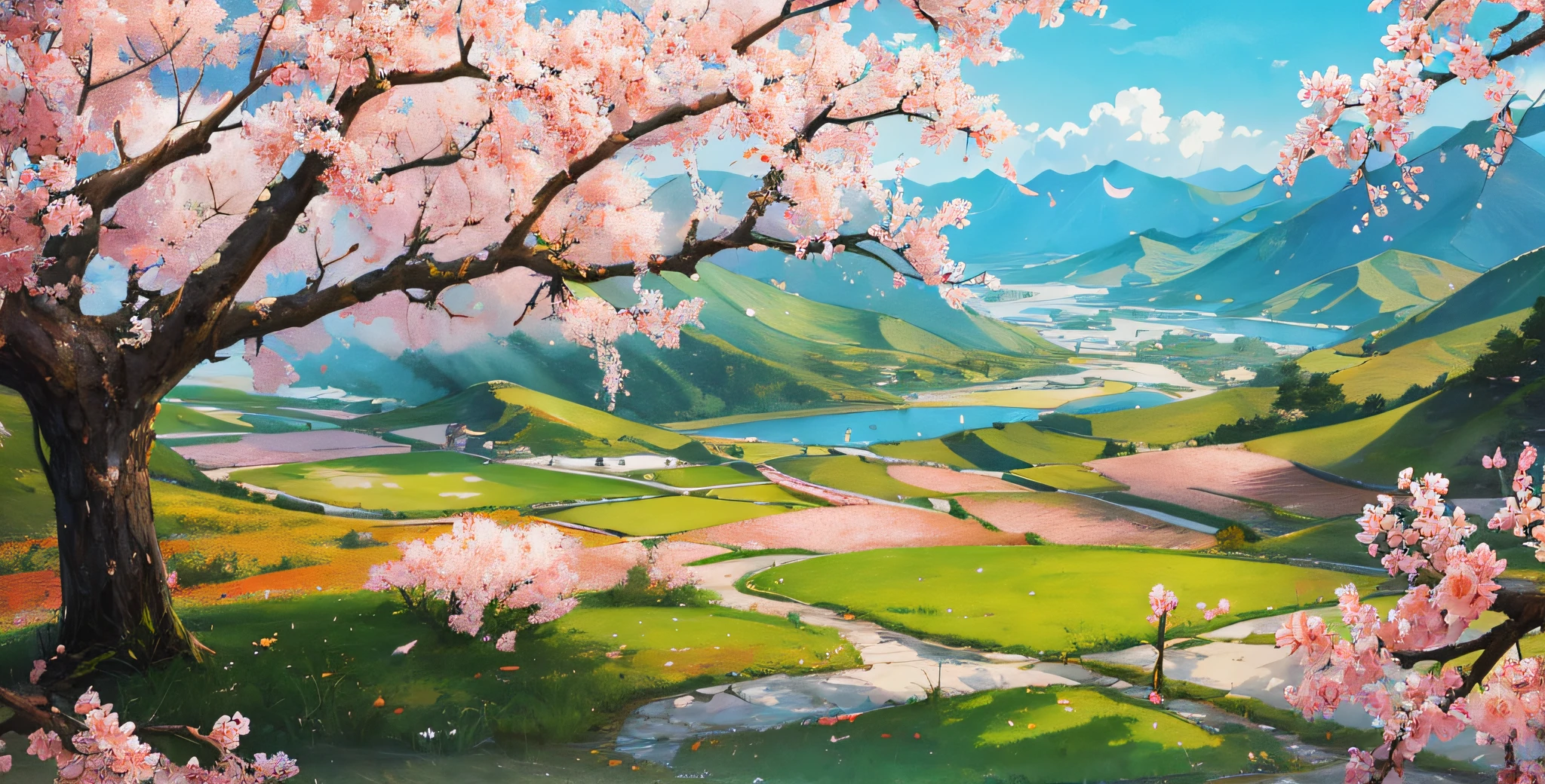 official art, Chinese landscape, peach blossom forest, beautiful landscape, masterpiece, high quality, exquisite graphics, high detail, epic landscape,