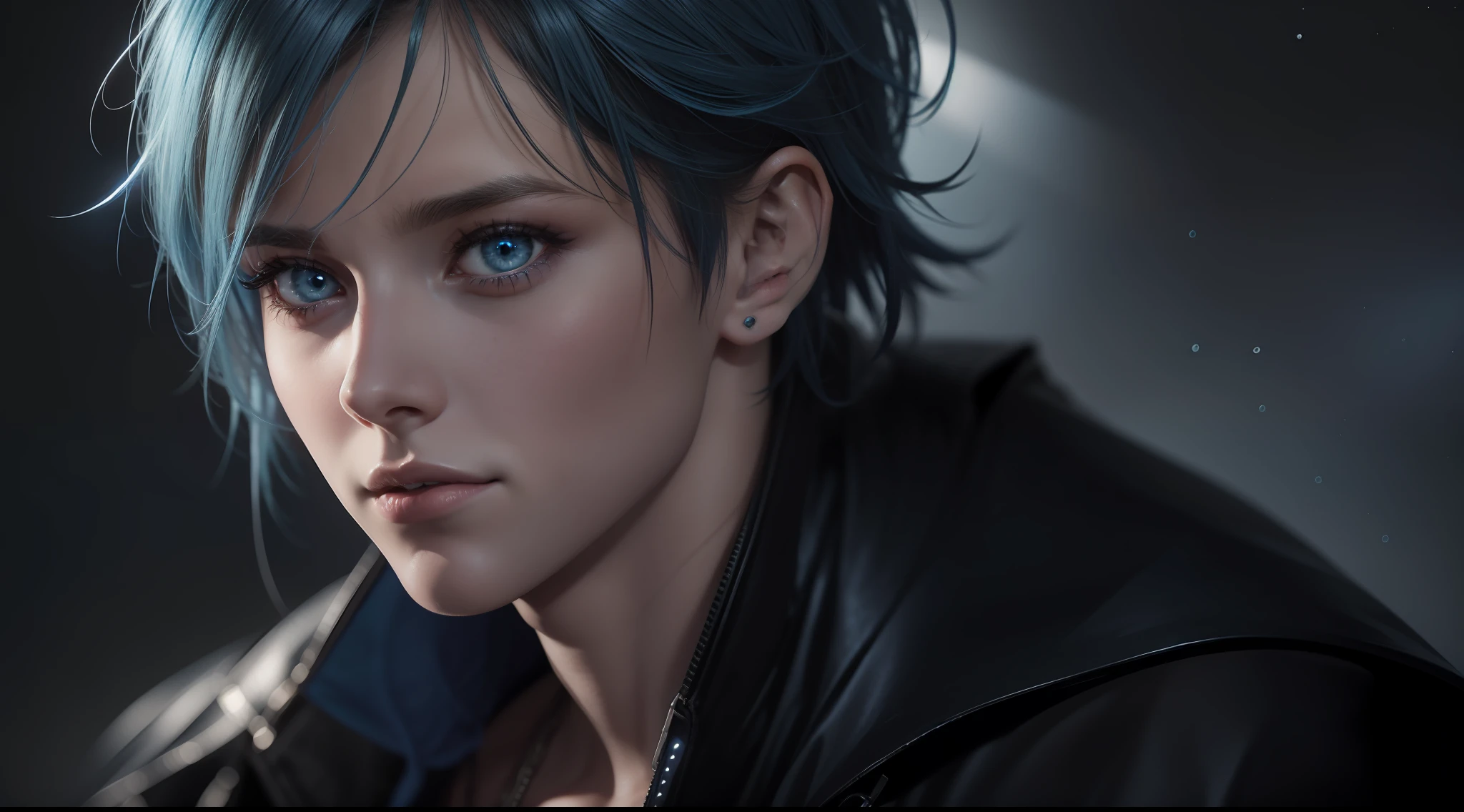 award-winning photo from waist up, punk hair style, (natural skin texture), nightsky, (hyperdetailed: 1.2), ((1boy)), 80mm, skin pores, (blue blue eyes: 1,233), rough cinematic light, high saturation and softness, power_lines, metallic, extremely detailed CG 8k wallpaper unit, figurative, close-up, professional photograph of a beautiful beautiful European girl in party clothes