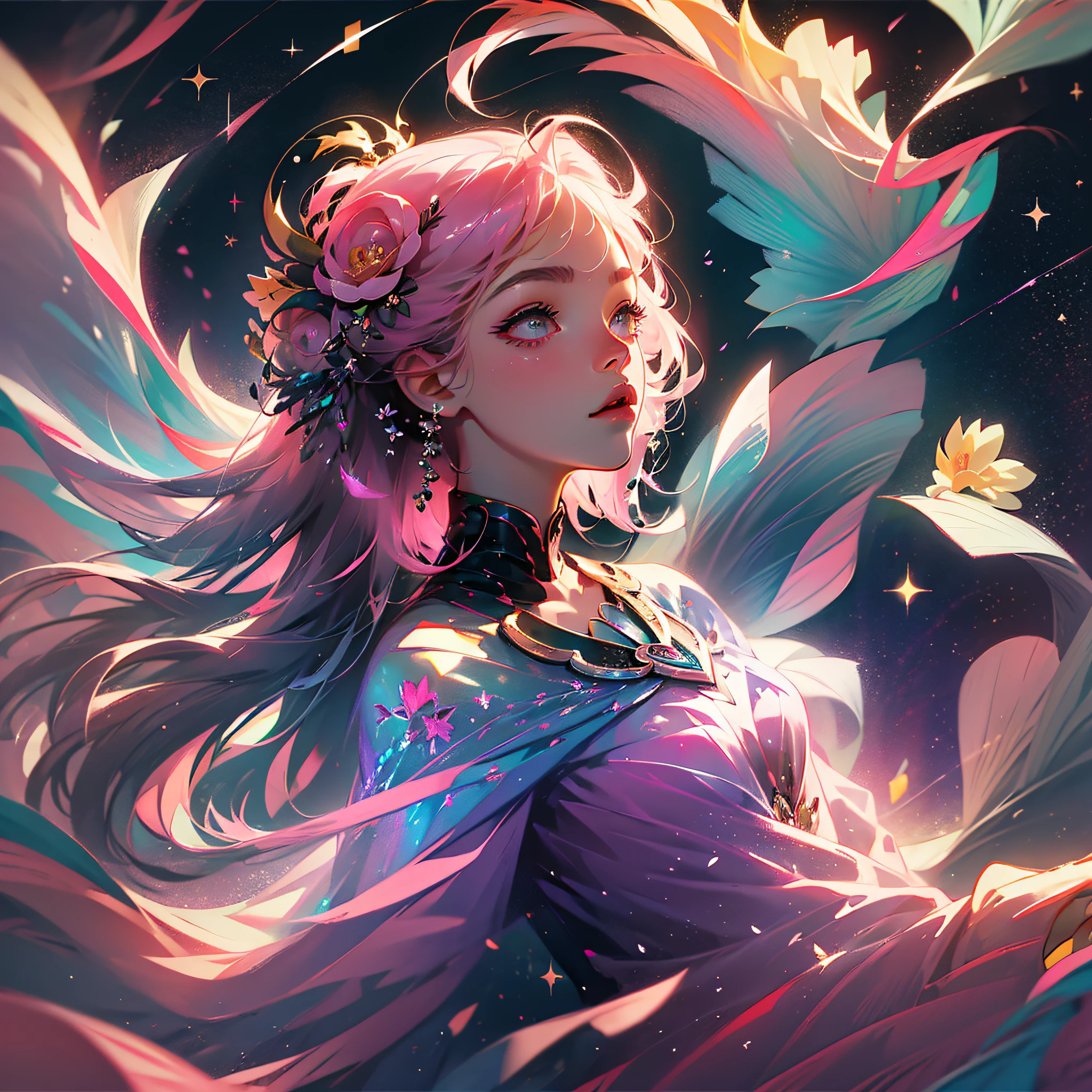 (Best quality, masterpiece), 1girl, galaxy, glitter, dress, particles, wind, flower, upper body, dark simple background, side view viewer, pink girl, handstand --auto --s2