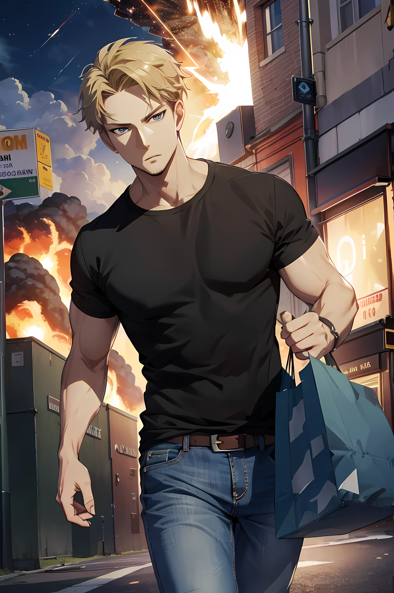 (absurdres, highres, ultra detailed, HDR), masterpiece, best quality, agent_twilight, 1man, solo, handsome, short hair, loosing t-shirt, jeans, street, shopping bag, ((explosion))