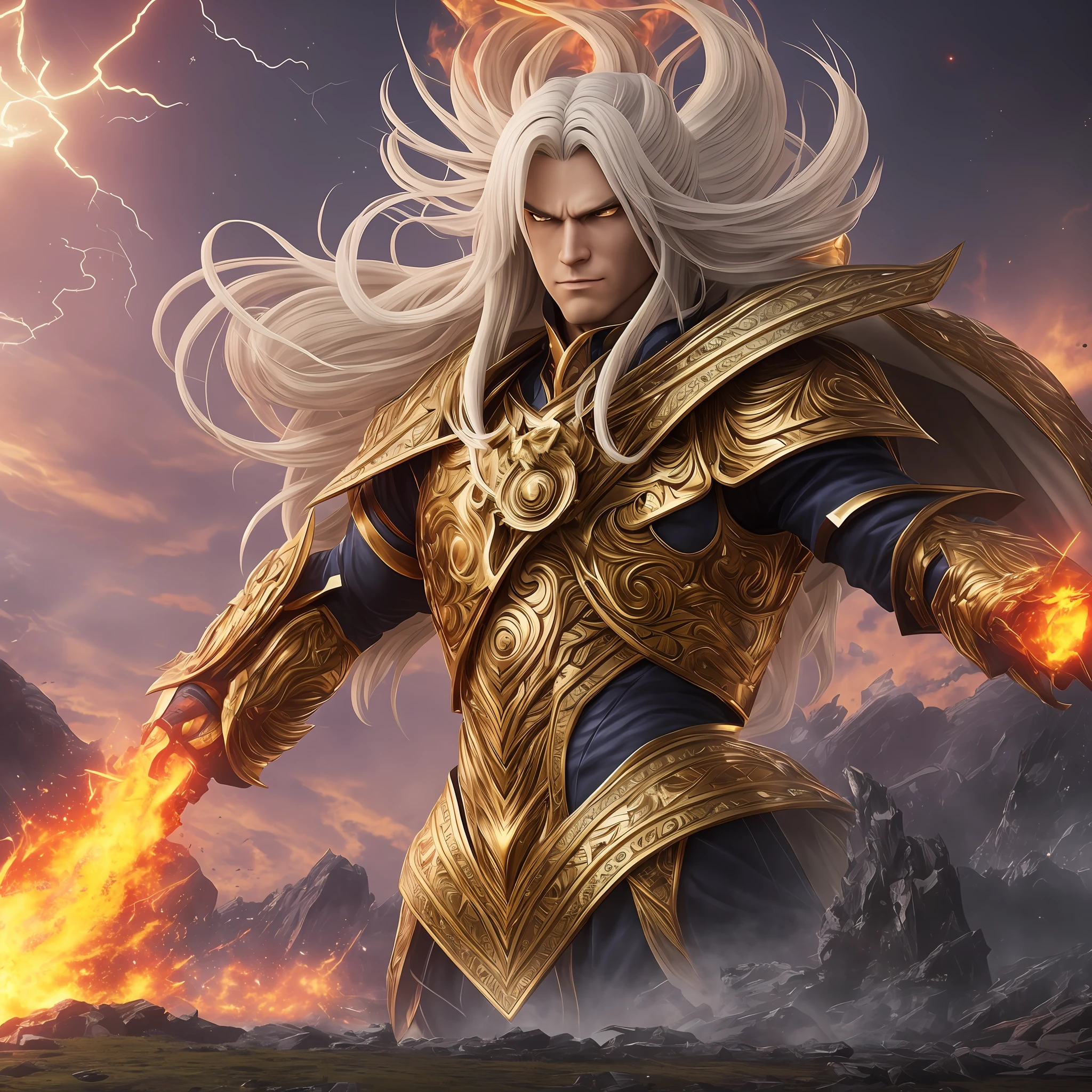 photo of the portrait of a brutal golden knight, wearing gold armor of the sign of gemeos intricate,,sharp focus, mountainous landscape with few background trees, magical aura, heroic pose, fantasy style, octane rendering, volumetric lighting, 8k high definition, highly detailed, trend in ArtStation, centralizedSaga is a man of tall and muscular stature. She has long blonde hair (violet blue in the Anime), red eyes, fair skin, and a gravelly and "clear" voice. When his evil personality appears and takes control of his body, his hair changes to black (grayish-white in the Anime), his sclera ("solid" white part of the eyes) gains a shade of warm pink, and his voice becomes more dense and rasping. Galaxian Explosion This is the ultimate technique of the Gemini Knights, who are said to be "capable of destroying the stars of the galaxy." The blow uses a large amount of cosmos to create a devastating explosion, the name having emerged as a symbol of the overwhelming impact caused by the attack. Burning his cosmo-energy intensely, Saga throws a powerful explosive shockwave at the target, which takes the form of several planets. When the wave is about to explode, the planets collide violently, generating a powerful force, so that if the initial impact hits the target, it will pulverize it completely. If the technique misses the mark, or if it is defended or poorly executed, the smaller shock waves still have a very advanced lethality, which means that even without their full force, --auto --s2