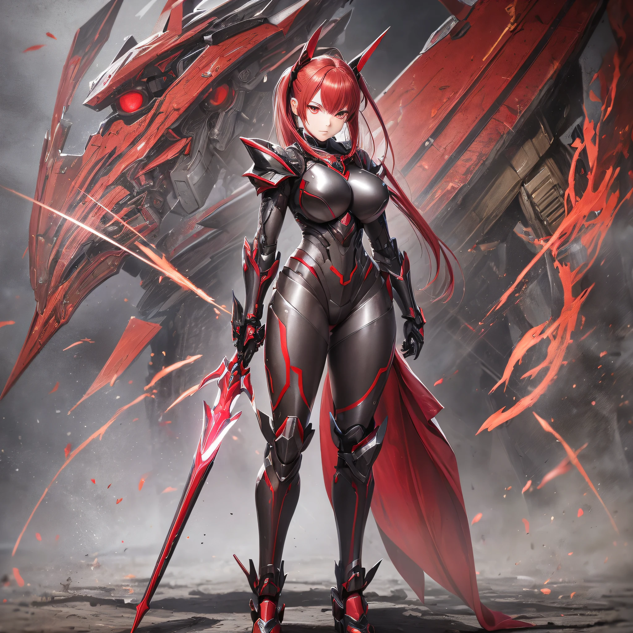 Crimson paint, villain, close-up of person in costume with spear, cyber japan style armor, cyber japan armor, gyver style, girl in armor, monster hunter armor, full body mecha suit, perfect anime cyborg woman, cyborg noble woman, mecha cyber armor girl, detailed full body concept, female armor, anime character. Full Body Art --auto --s2