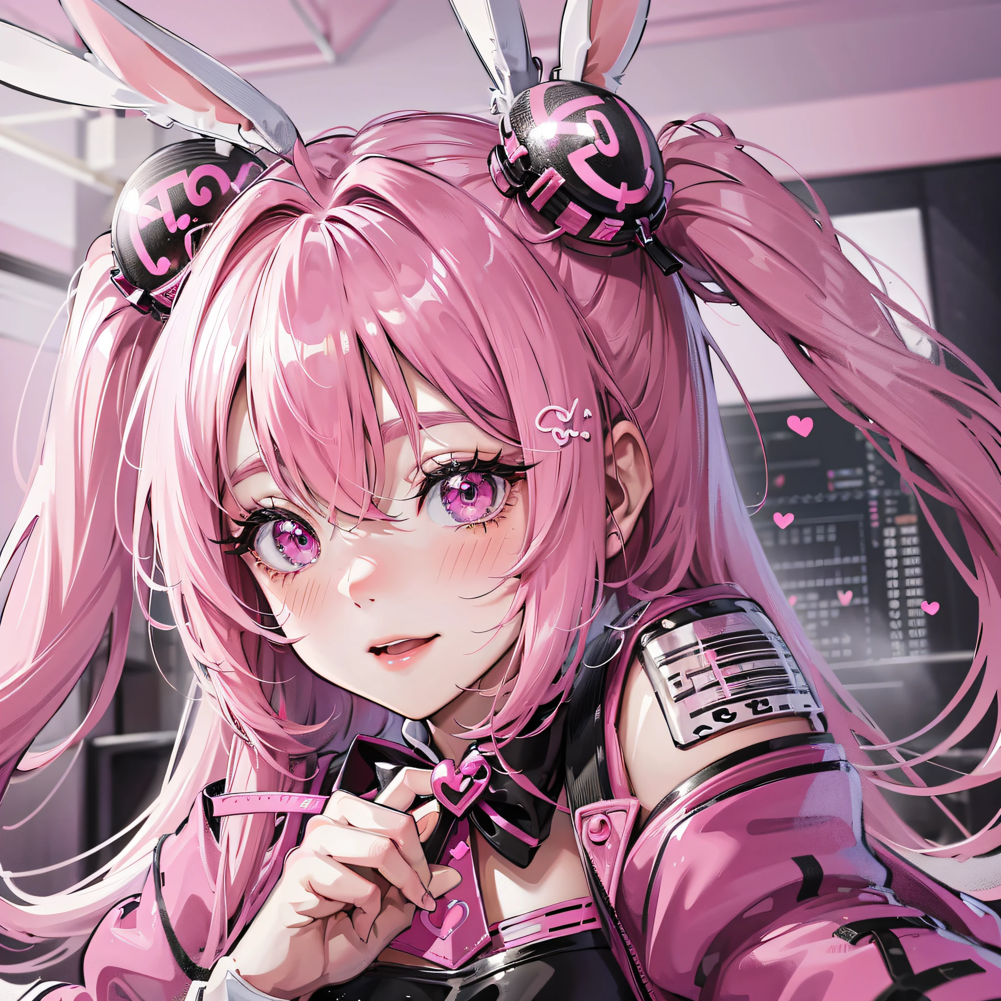 pink hair, ahoge, double tails, bunny hair ornament, colorful eyelashes, pink eyes, bunny ears, happy, blush, light smile, anime style, pov, 8k, super detail, ccurate, best quality --auto --s2