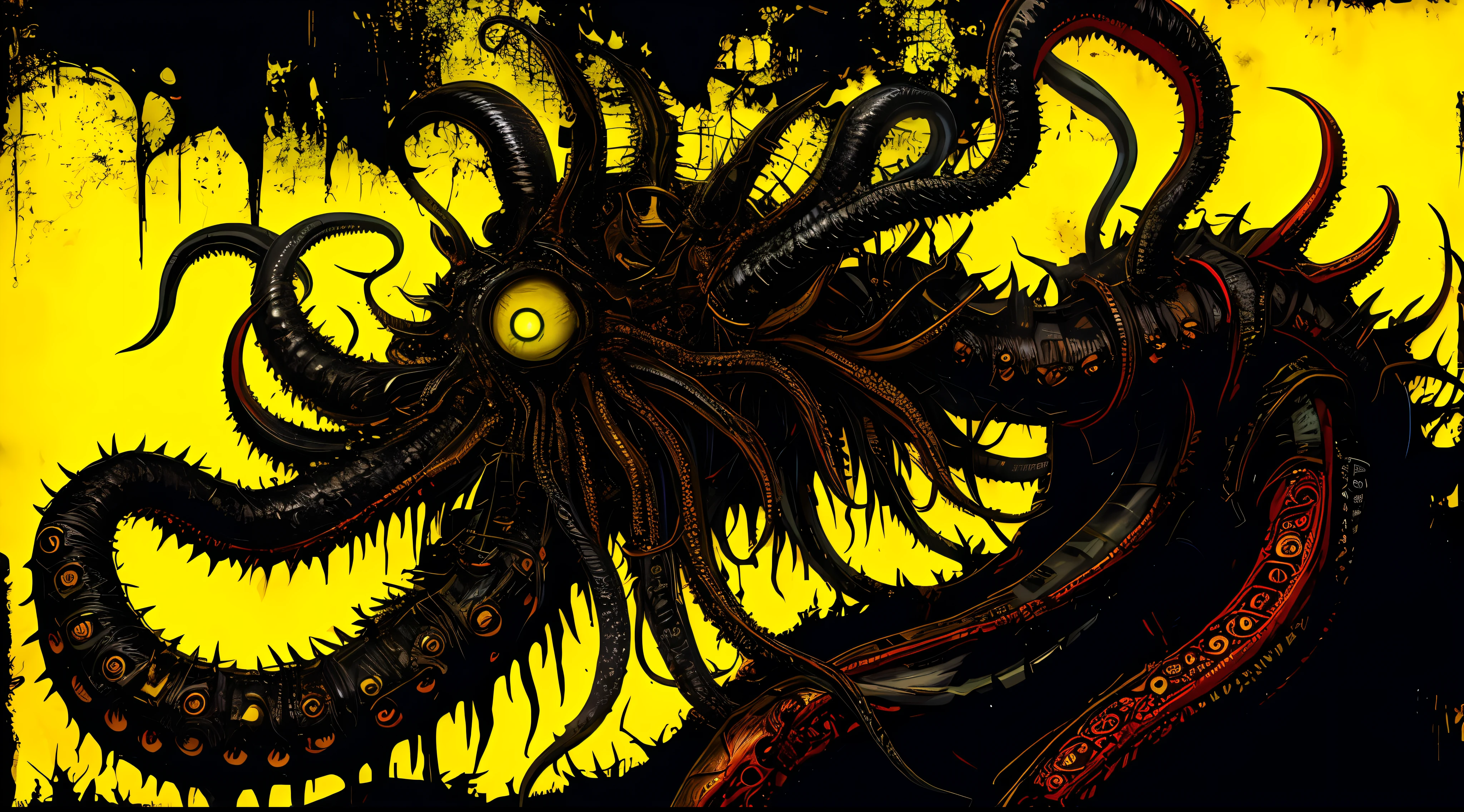 a giant evil deformed monstrous creature with tentacles, in the style of Mork Borg, strong contrast, grunge dirty punk splash art, zine black metal, yellow and black medieval background