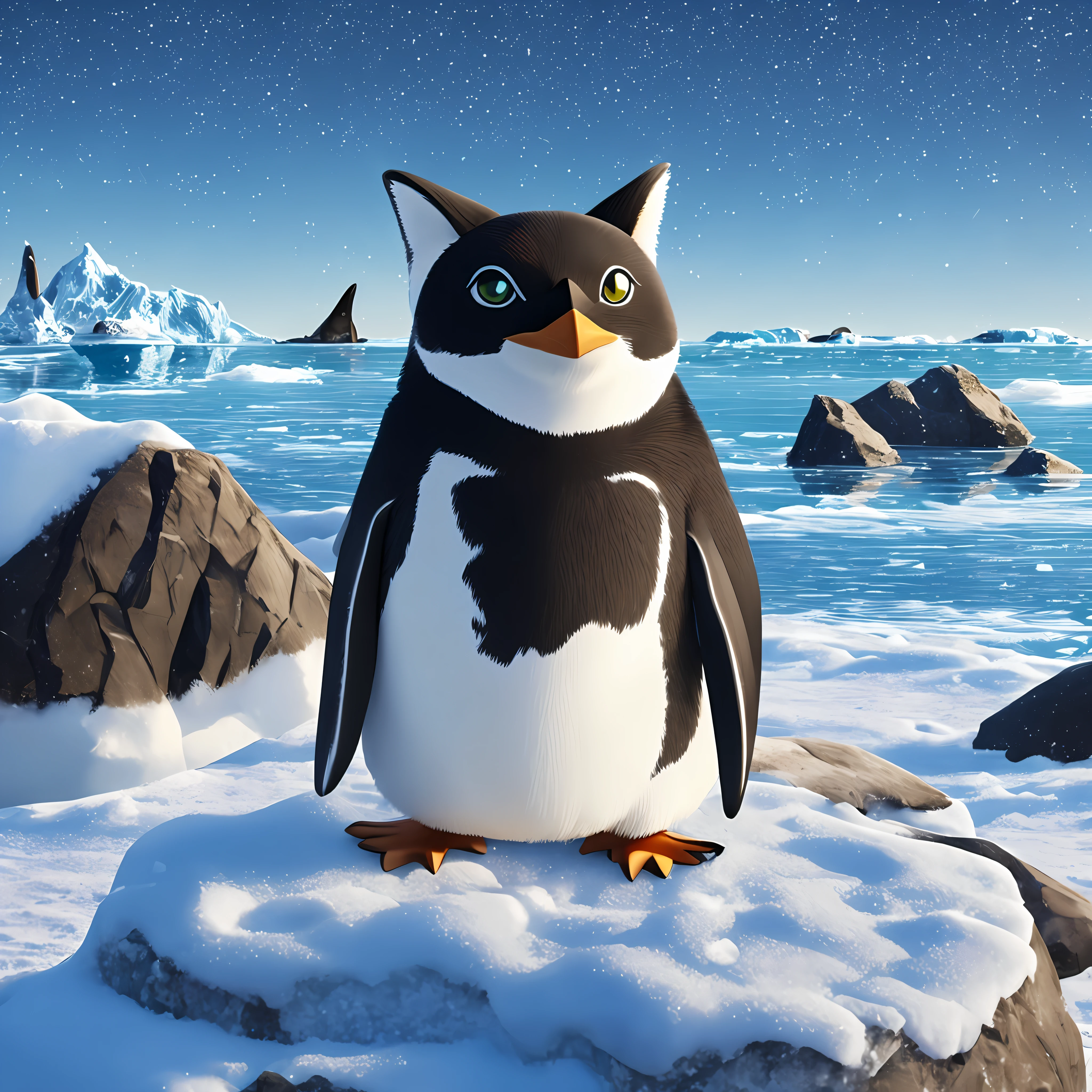 a penguin with cat ears and dog body, background snow and icebergs, highest quality, photorealistic --auto --s2