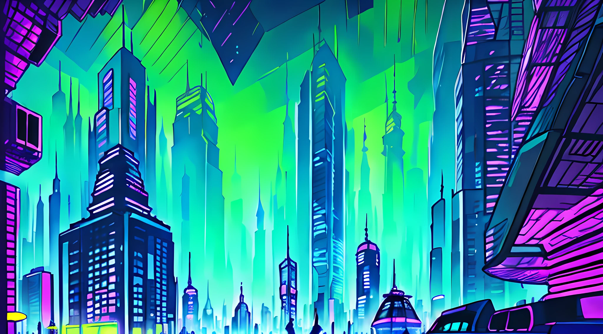 An oil painting of a futuristic cityscape, with towering skyscrapers and flying vehicles filling the frame. The colors are bright and vibrant, with shades of blue, green, and purple dominating the scene. In the foreground, a group of people can be seen walking towards a giant, glowing pyramid.