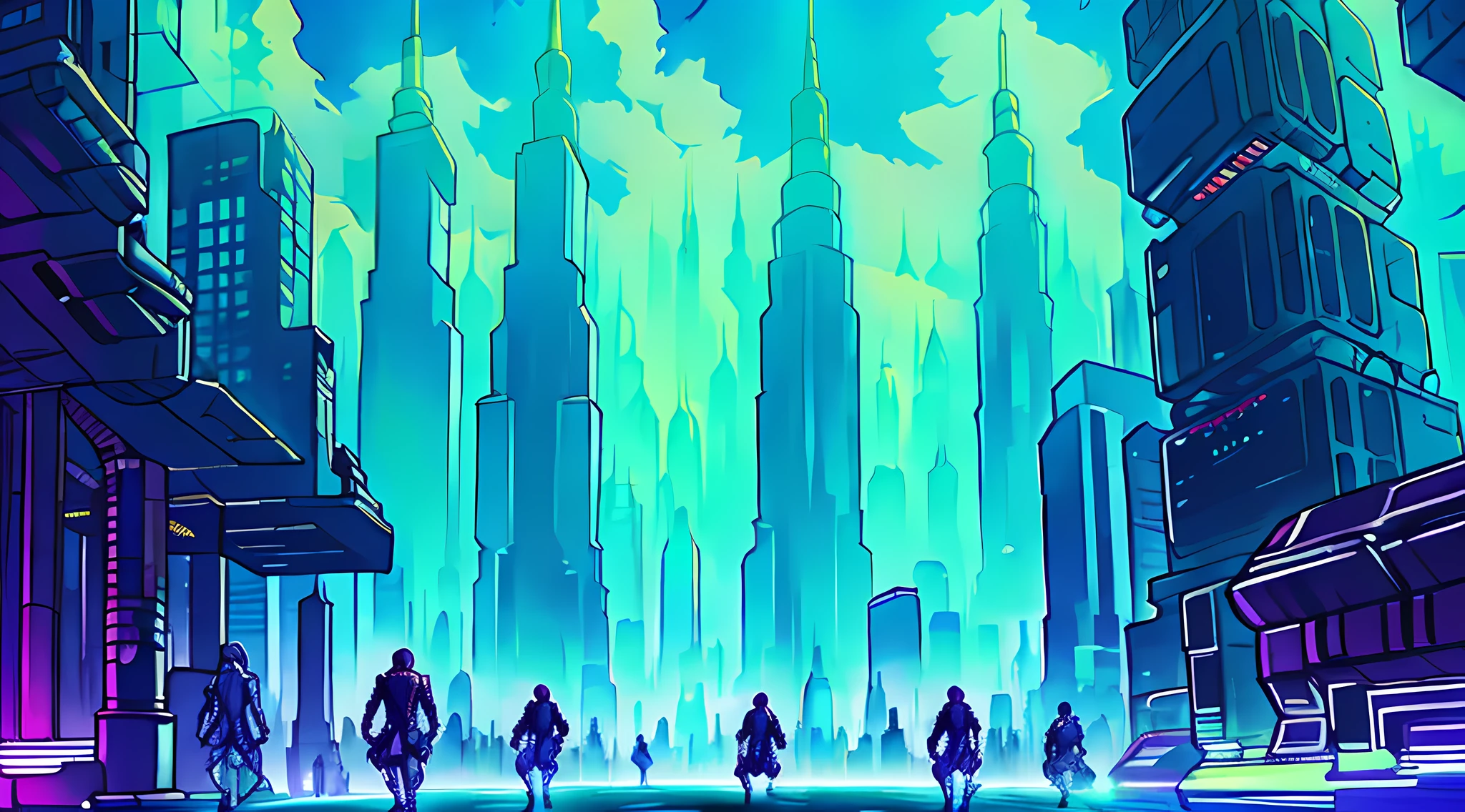 An oil painting of a futuristic cityscape, with towering skyscrapers and flying vehicles filling the frame. The colors are bright and vibrant, with shades of blue, green, and purple dominating the scene. In the foreground, a group of people can be seen walking towards a giant, glowing pyramid.
