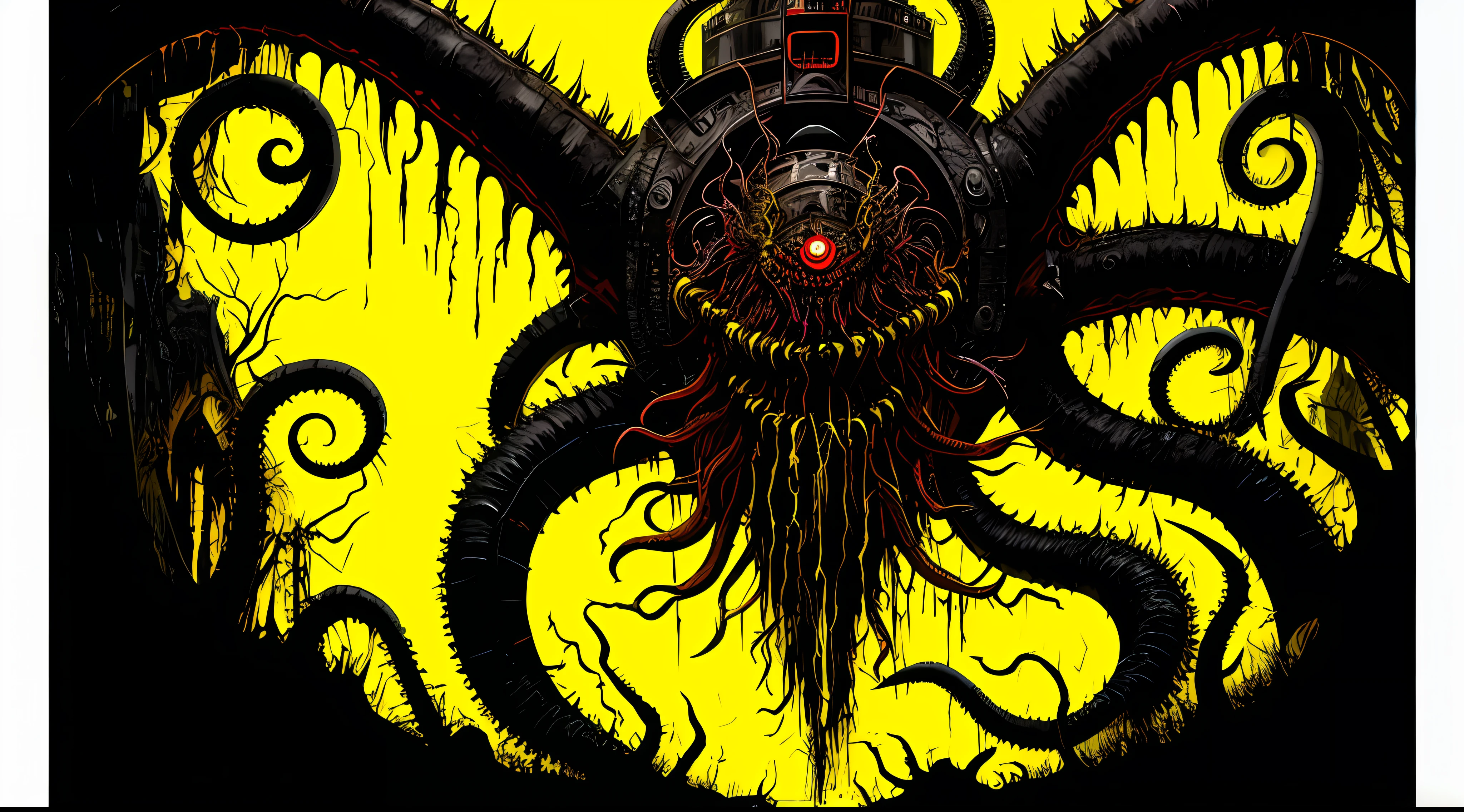 a giant evil deformed monstrous creature with tentacles, in the style of Mork Borg, strong contrast, grunge dirty punk splash art, zine black metal, yellow and black medieval background