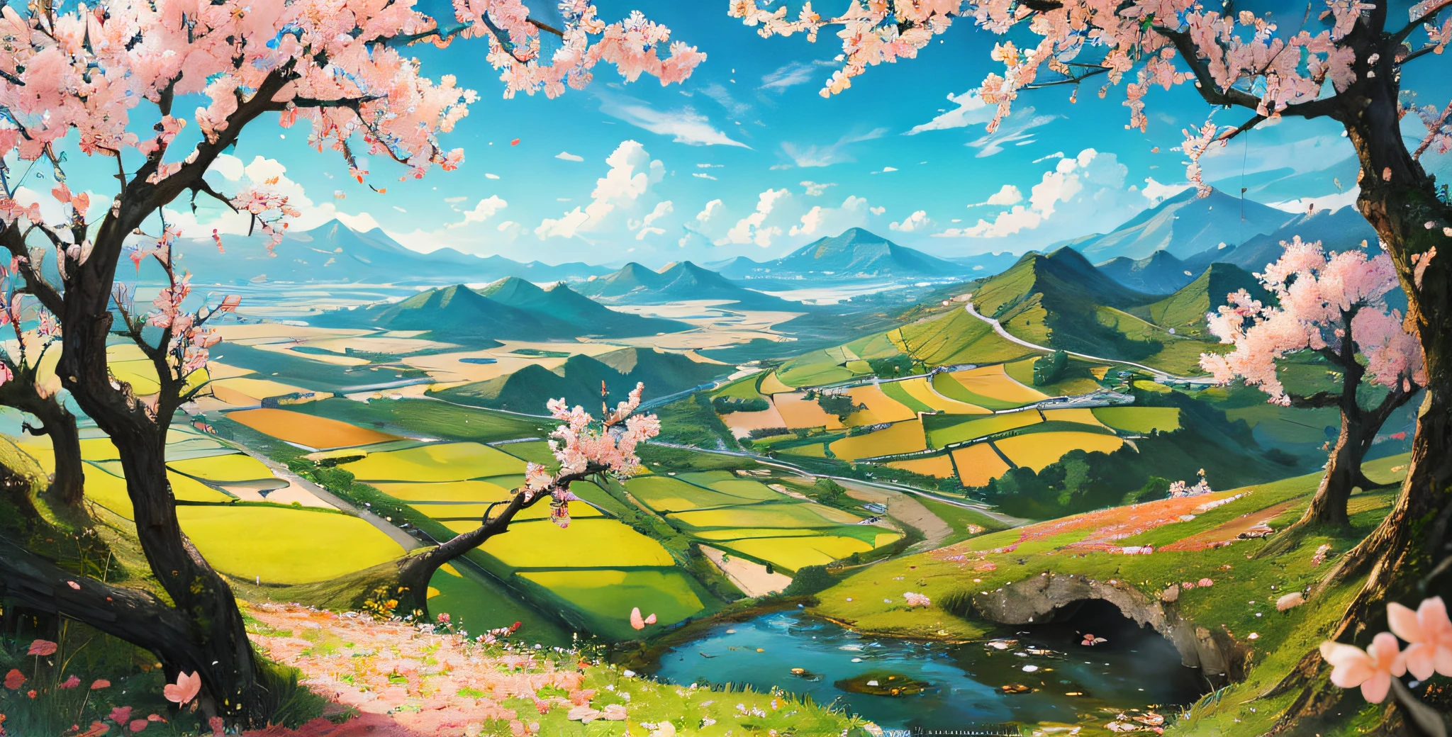 Official Art, Chinese Landscape, Peach Blossom Forest, Beautiful Landscape, Masterpiece, High Quality, Computer Wallpaper 4K